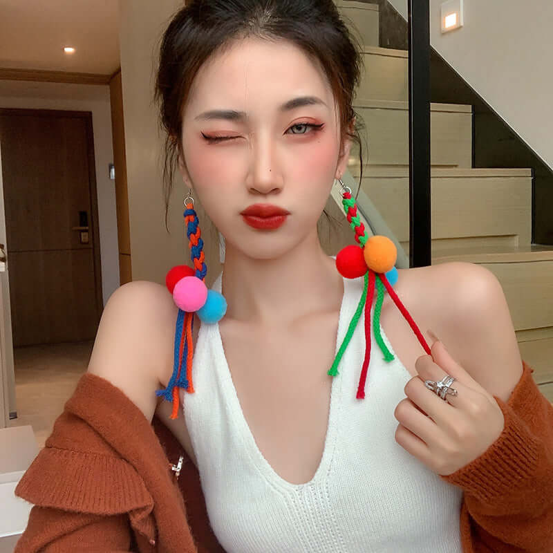 Rainbow Knit Tassel Drop Earrings for Women | Long Bohemian Dangle Earrings | Handmade Yarn Statement Jewelry | Perfect for Festivals, Parties, and Boho Fashion Accessories