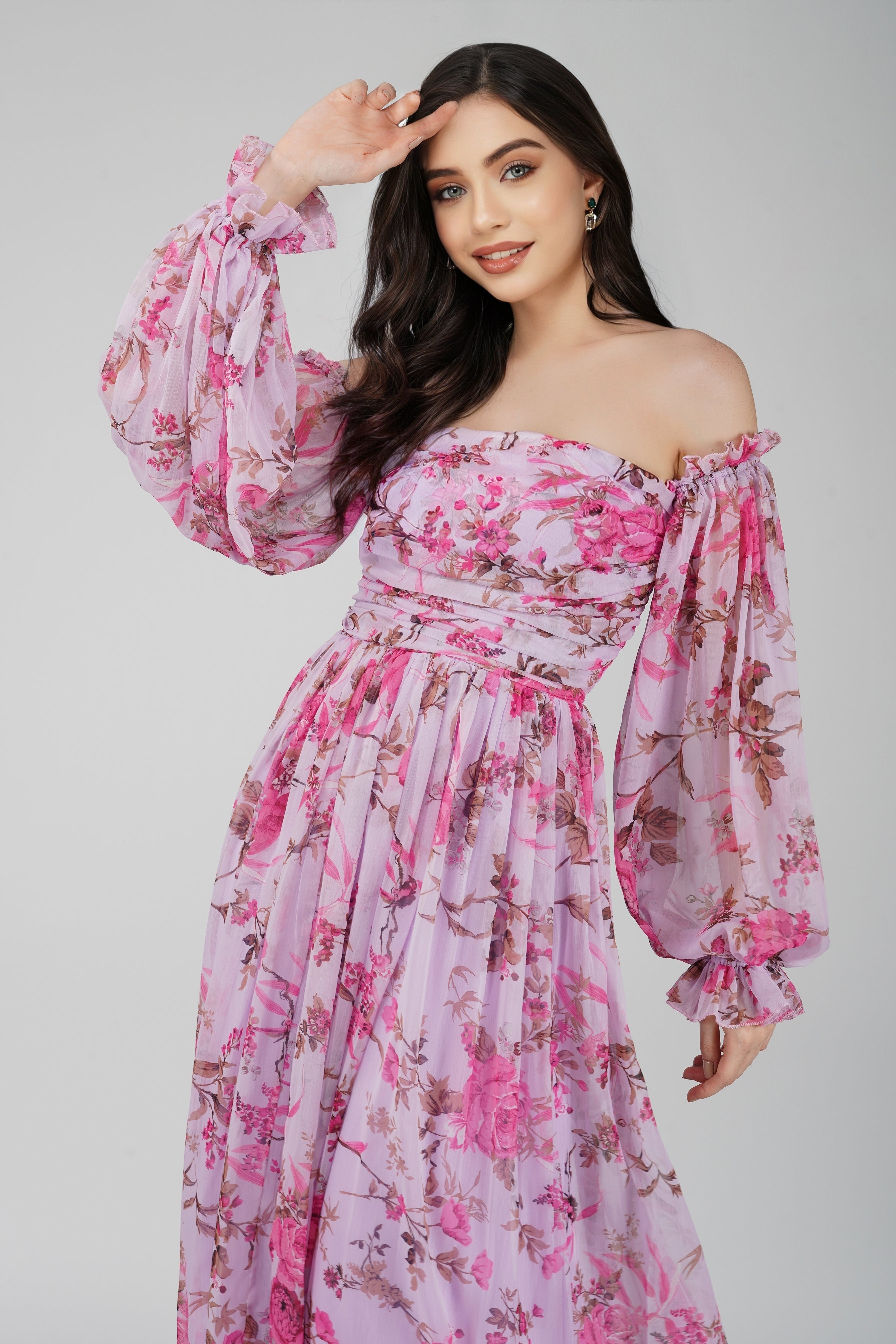 Lavender Lana Chiffon Printed Dress for Women - Floral Summer Maxi Dress with V-Neck & Flowy Skirt | Perfect for Beach Vacations, Weddings & Date Nights