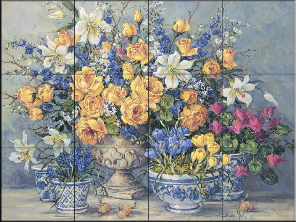 Gabrielles Ceramic Backsplash Tile Mural - Floral Flower Design for Kitchen & Bathroom Wall Decor - Elegant Handmade Tiles by Barbara Mock - Perfect for Backsplash, Shower Walls & Home Renovation