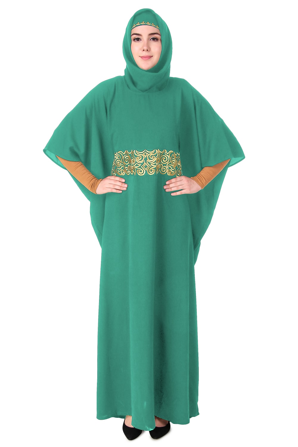 Handmade Gold Embroidered Waist Accent Kaftan Dress - Elegant Beach Cover Up & Boho Chic Homewear for Women