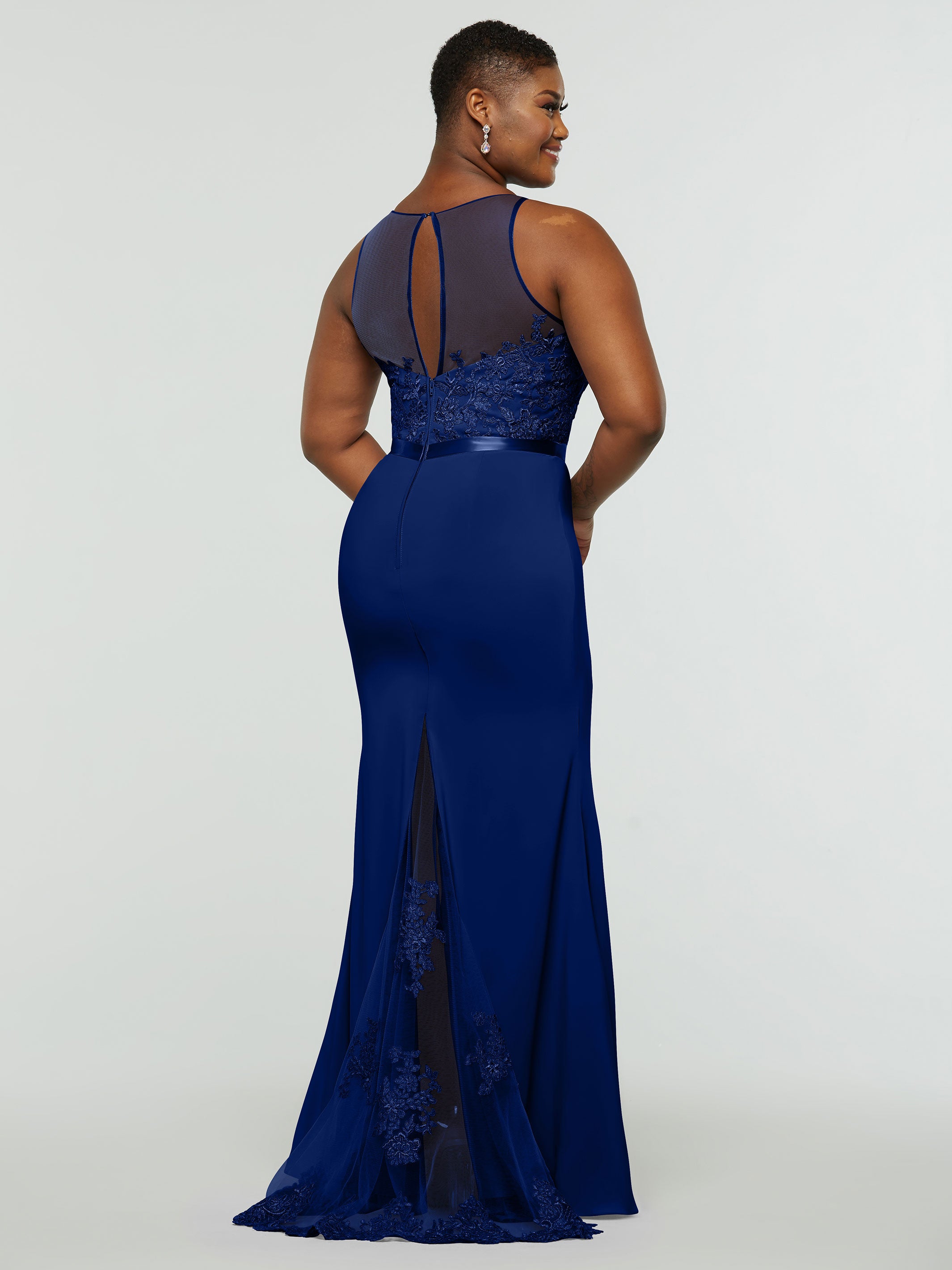 Elegant 80095 Stretch Chiffon Fit and Flare Bridesmaid Dress with Lace Illusion Bodice - Perfect for Weddings, Formal Events & Special Occasions