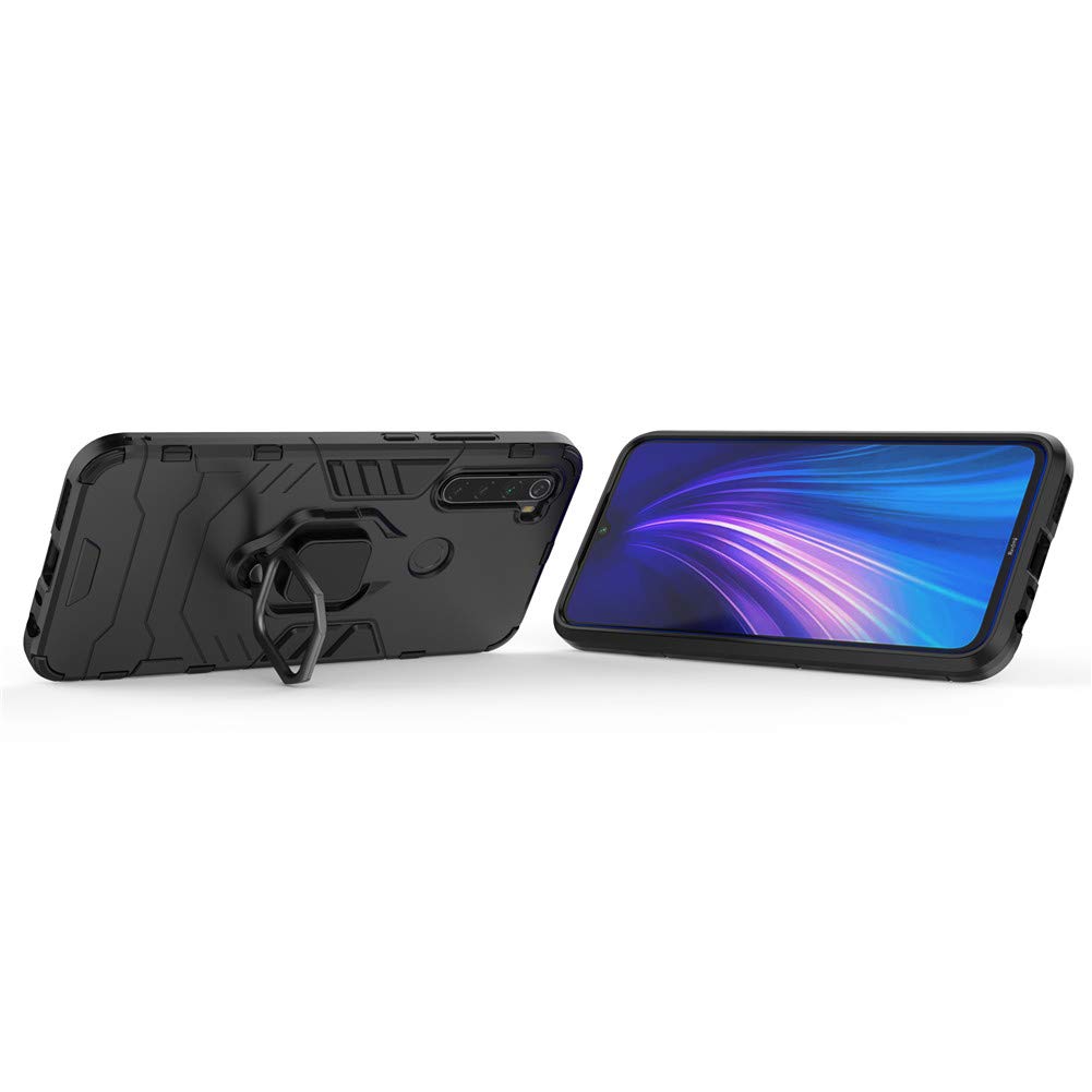 LuluMain Shockproof Rugged Case for Xiaomi Redmi Note 8 - Dual Layer Hard Bumper with Metal Ring Grip & Kickstand | Compatible with Magnetic Car Mount | Perfect for Outdoor Activities, Work & Travel (Black)