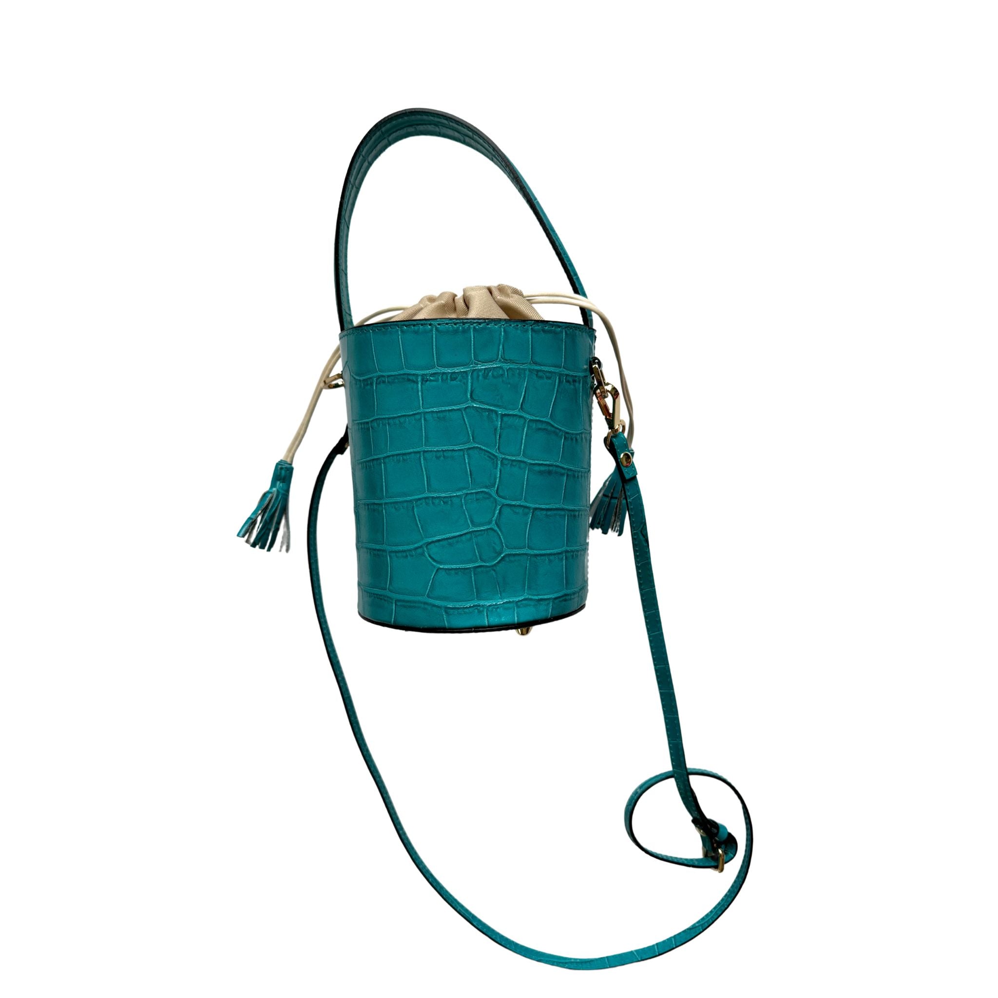 Colores Collective x Christina Greene Turquoise Crocodile Embossed Leather Bucket Handbag for Women | Fashionable Shoulder Bag for Casual Outings, Beach Trips & Date Nights