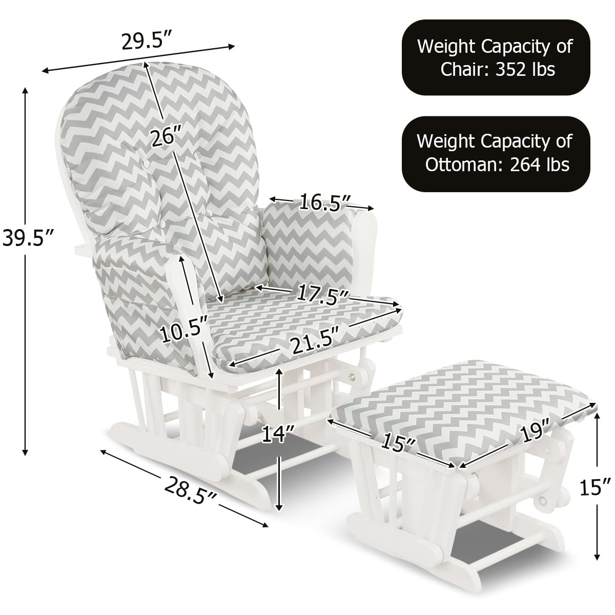 DORTALA Baby Glider Rocker with Ottoman Set - Multi-Position Nursery Chair with Washable Upholstery, Smooth Rocking Motion for Nursing, Feeding & Reading - Grey & White Modern Nursery Glider for Baby Room, Bedroom or Living Room