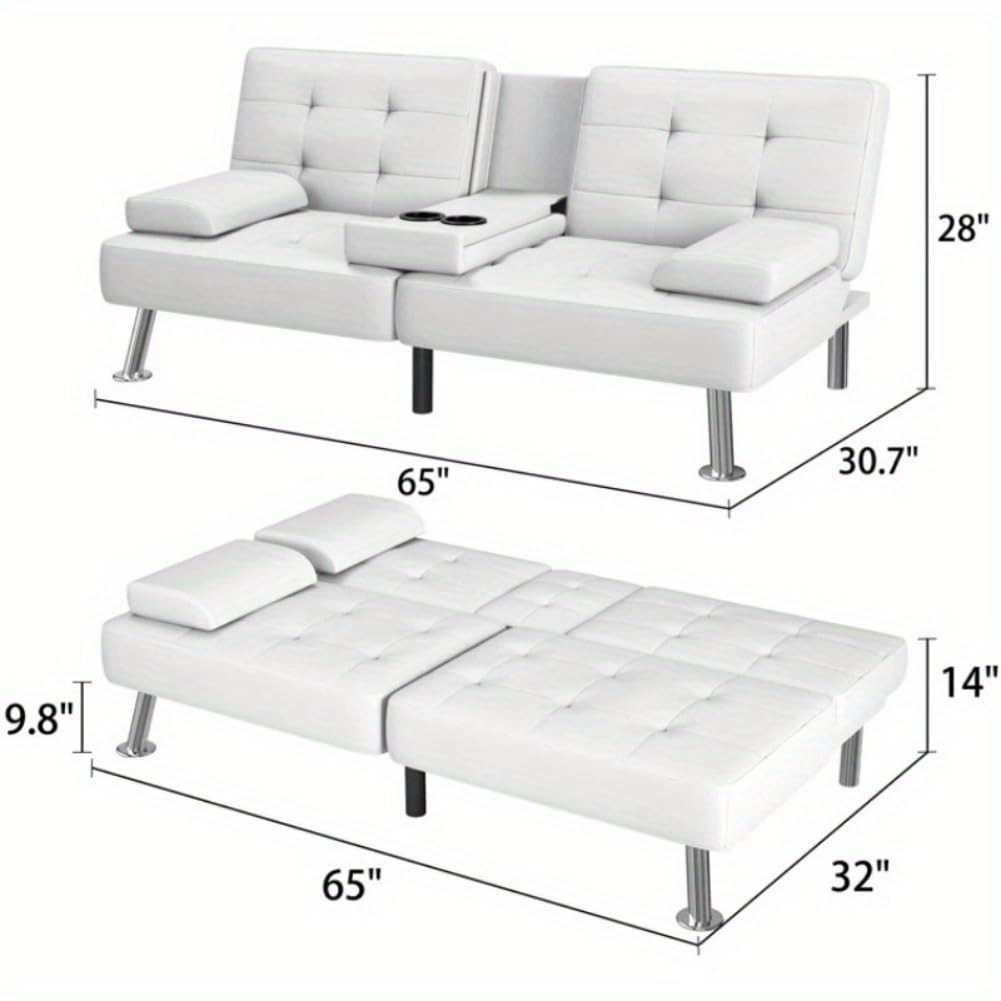 Wide Faux Leather Convertible Sofa Bed with Cup Holder - Adjustable Reclining Couch Sleeper for Living Room, Guest Room & Small Spaces - Modern Reversible Upholstered Recliner in White