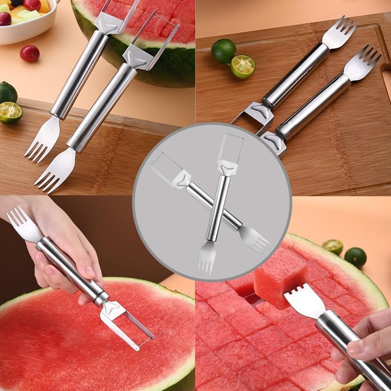 2024 New 2-in-1 Stainless Steel Fruit Cutter & Slicer - Dual Head Watermelon Cube Cutter with Fork - Kitchen Gadget for Fruits Like Melon, Pineapple & Mango (2PCS) - Perfect for Summer BBQs, Picnics & Home Kitchen Use