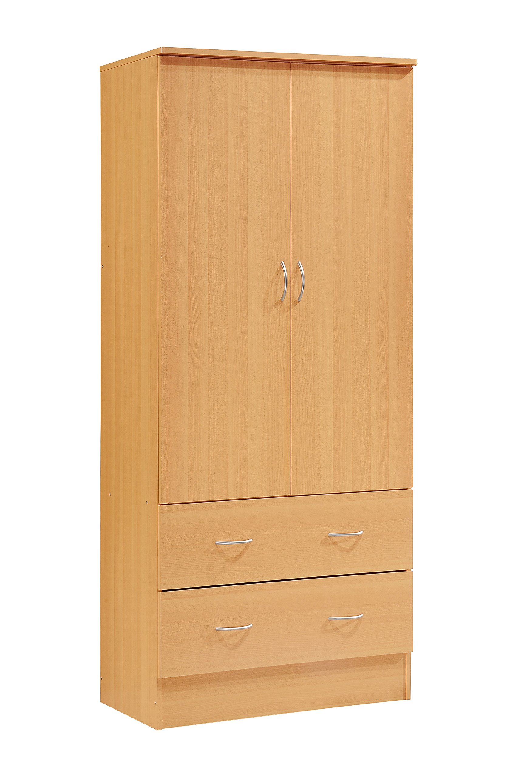 HODEDAH 2 Door Wood Wardrobe Closet with Clothing Rod & 2 Storage Drawers - Beech Finish for Bedroom Organization & Clothes Storage