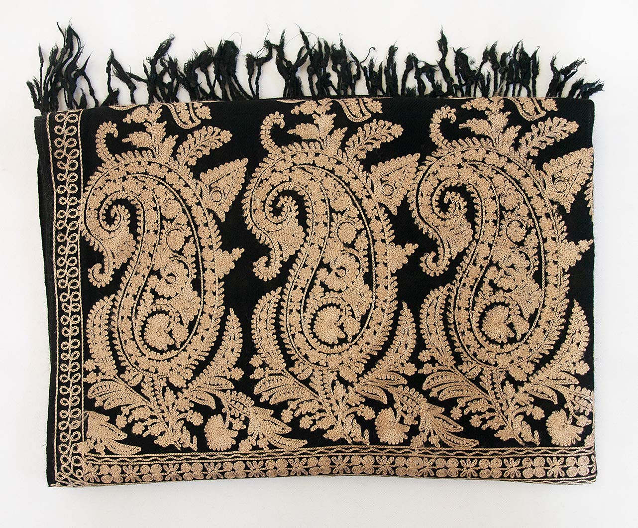 Elegant Black Crewel Embroidered Wool Shawl with Dense Gold Floral Paisley Design - 80x28 Inch Warm Winter Stole Wrap for Women, Perfect for Weddings, Parties & Cold Weather Fashion