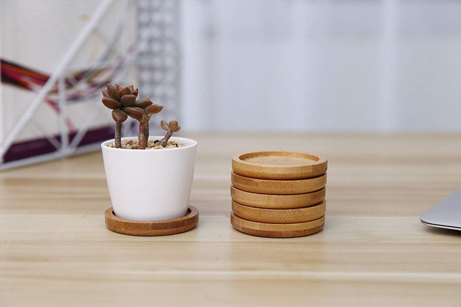 6 Pack Bamboo Plant Saucers - 12.5 x 11.5 x 1cm Round Plant Trays for Succulents, Flowers, Indoor & Outdoor Use - Perfect for Drainage, Decoration and Plant Protection