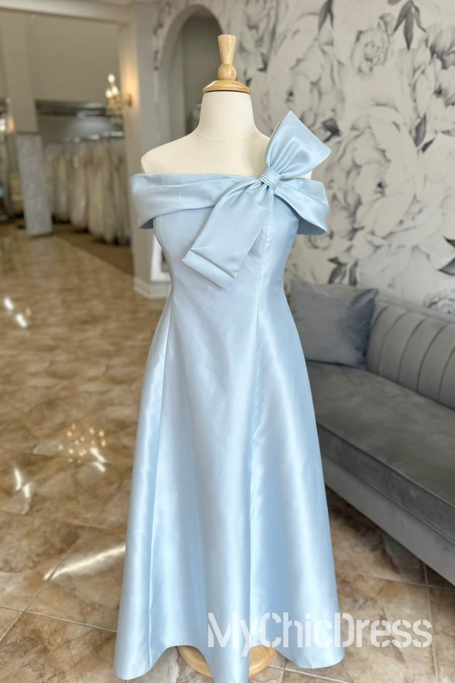Light Blue Off Shoulder Satin Junior Bridesmaid Dress with Bow - Perfect for Weddings, Prom & Special Occasions