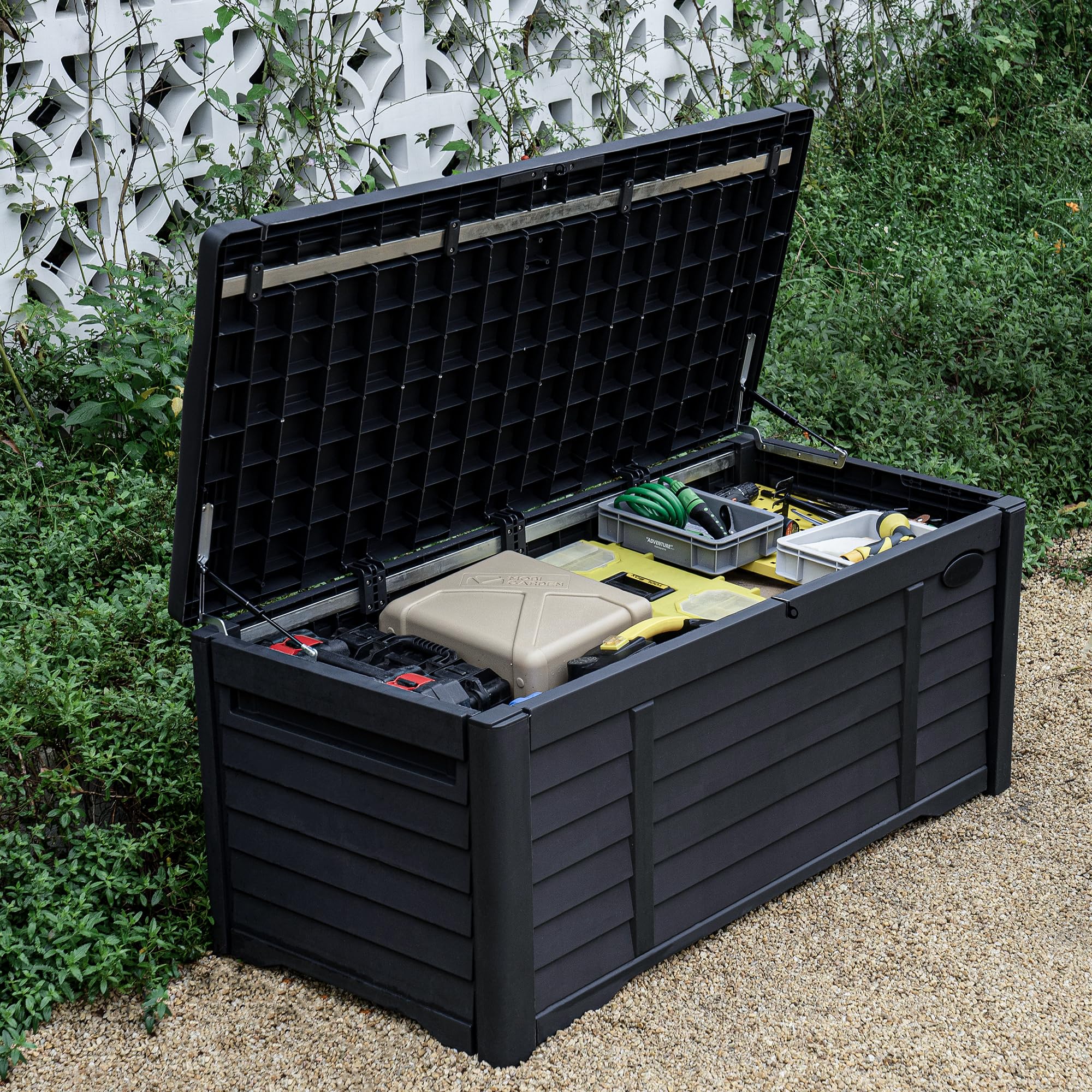 DWVO 120 Gallon Outdoor Storage Deck Box - Waterproof, Lockable Resin Storage Bench for Patio, Garden & Backyard - Durable Black Deck Box for Cushions, Toys & Pool Accessories