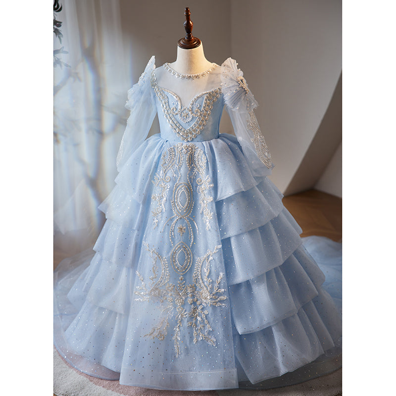 Elegant Dusty Blue A-Line Flower Girl Dress with Lace & Sequins - Perfect for Weddings, Baptisms & Special Occasions