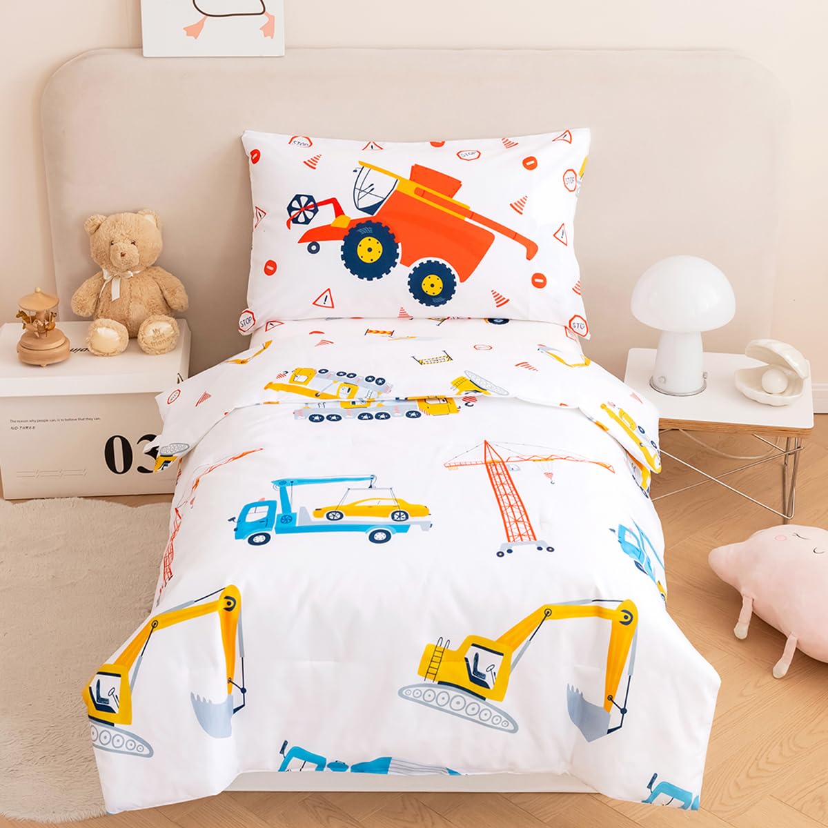 PERFEMET 4-Piece Construction Toddler Bedding Set - Excavator & Truck Themed Reversible Comforter for Boys, All-Season Crib Bedding (White, Truck/Tractor) - Perfect for Nursery, Daycare & Toddler Rooms