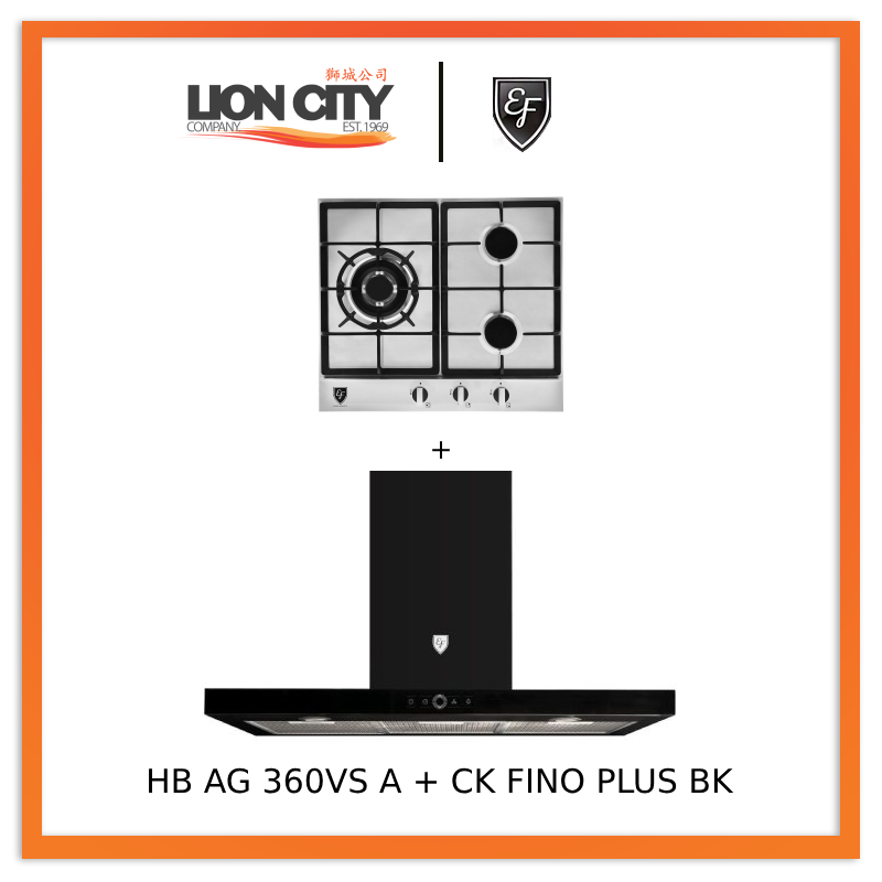 EF 90cm Chimney Range Hood CK FINO PLUS BK & EF HB AG 360VS A 58cm Built-in Gas Hob - Modern Kitchen Ventilation for Home Cooking & Grilling