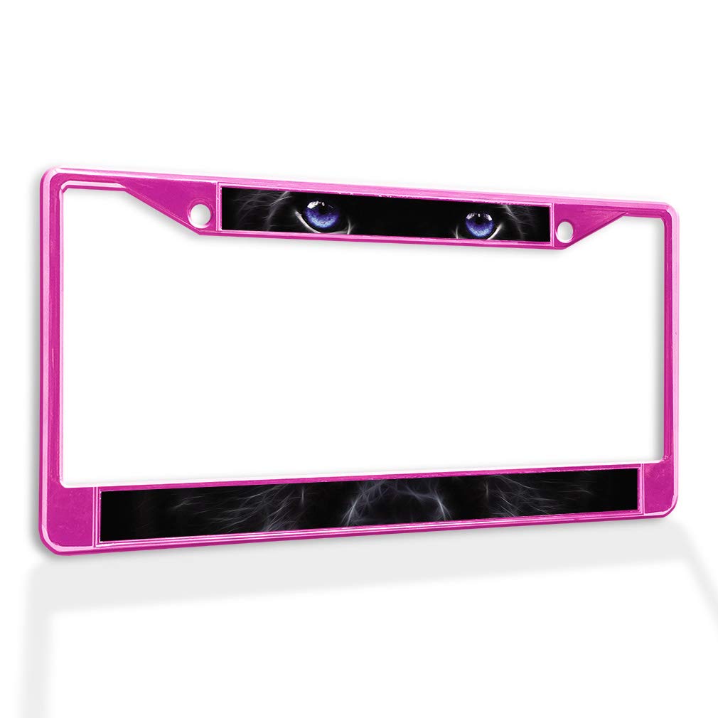 Black Wolf with Blue Eyes Metal License Plate Frame - Weatherproof Car Accessories (2 Holes, Solid Insert, Hot Pink) - Perfect for Customizing Cars, Trucks & SUVs
