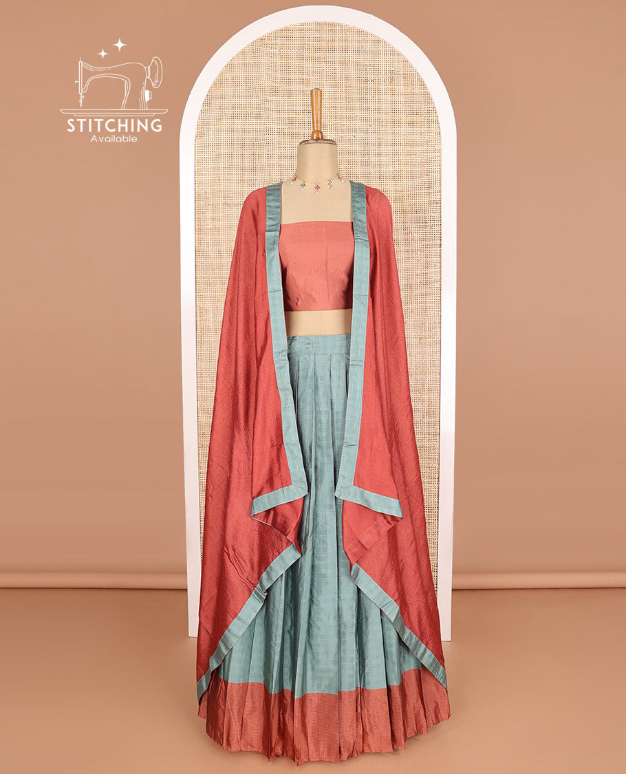 Stylish Blue Checked Poly Cotton Half Saree with Contrast Border - Plain Blouse & Geometric Design Dhavani | Perfect for Festivals, Weddings & Traditional Occasions
