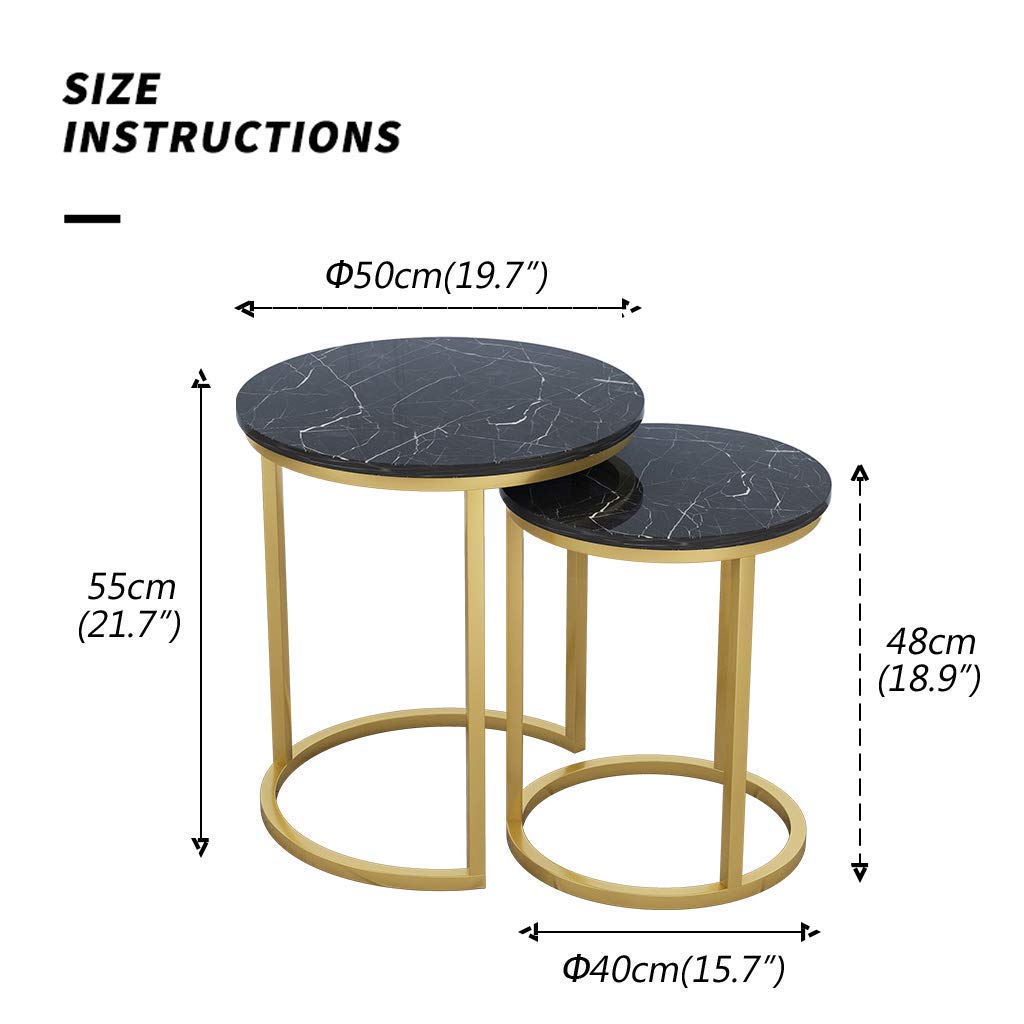 2-Piece Round Nesting Coffee Table Set with Black Marble Top & Gold Metal Base - Stackable Side/End Tables for Living Room, Perfect for Small Spaces, Home Decor & Entertaining Guests