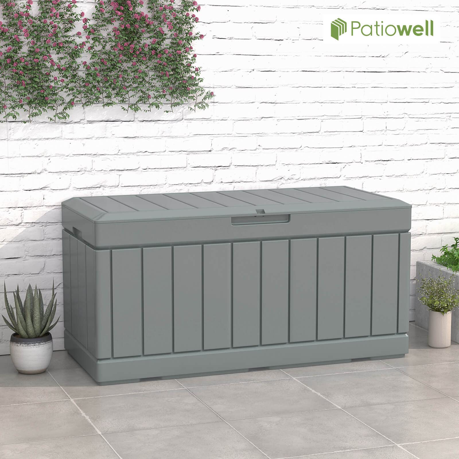Patiowell 82 Gallon Resin Deck Box - Waterproof Large Outdoor Storage Container with Wood Look Finish for Patio Furniture, Pool Toys, Garden Tools & Sports Equipment | Lockable Grey Deck Box for Backyard, Poolside & Garage Organization