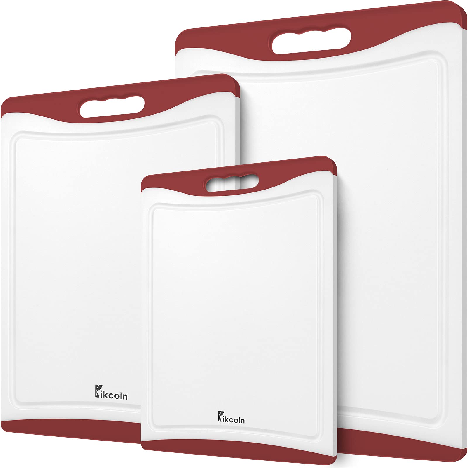 Extra Large Plastic Cutting Board Set of 3 - Non-Slip Kitchen Chopping Boards with Juice Grooves & Easy Grip Handle, Dishwasher Safe (Red) - Perfect for Meal Prep, Slicing Vegetables & Serving Charcuterie - Kikcoin