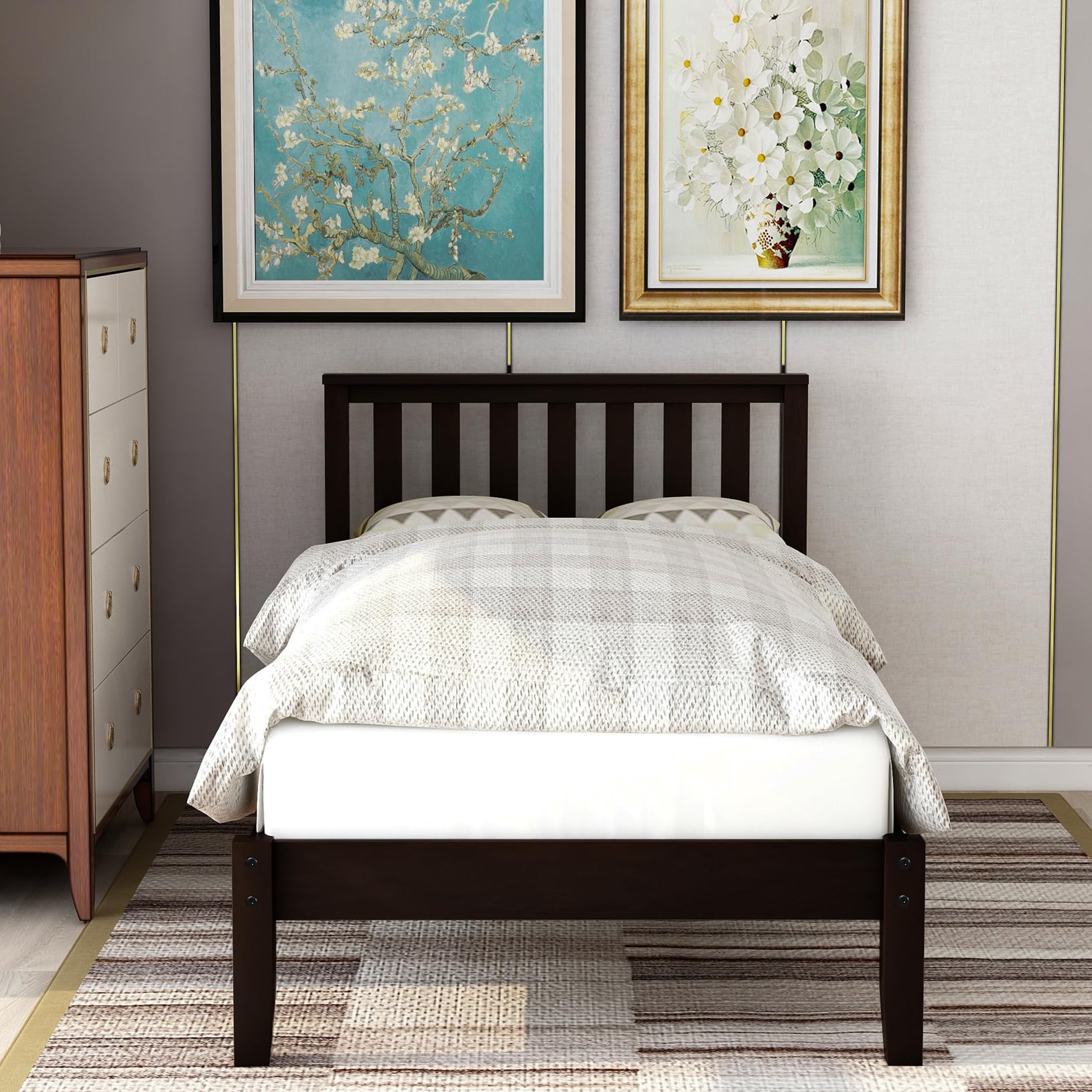 **Twin Size Solid Wood Platform Bed Frame with Headboard - Modern Simple Design, Sturdy Salt Support, Noise-Free for Bedroom - Ideal for Boys, Girls, Adults & Teens - Under Bed Storage - Espresso Finish - Perfect for Small Spaces, Guest Rooms & Kids' Bedrooms**