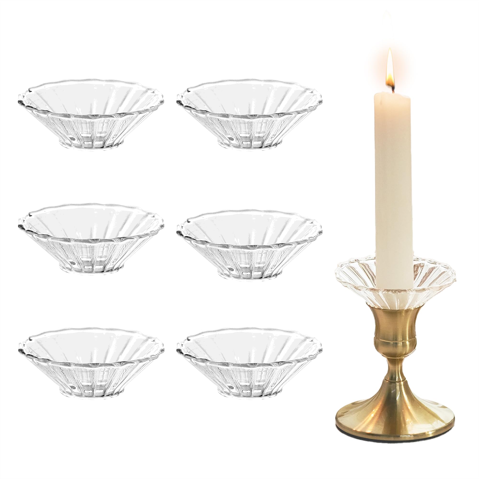 6-Piece Clear Glass Candle Wax Catchers - Round Bobeches Drip Protectors for Taper Candlesticks & Holders (Daisy Design) - Perfect for Weddings, Dining Tables & Home Decor