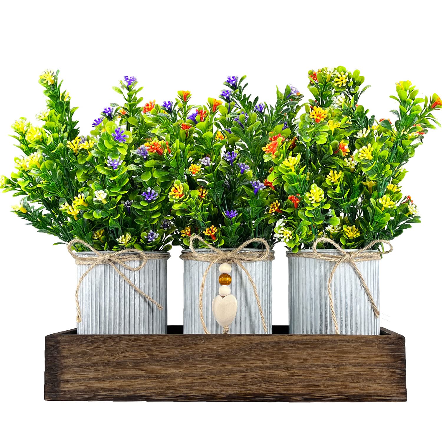 HEMYLU Artificial Eucalyptus Flowers - Rustic Table Centerpiece with Farmhouse Wood Planter Box & 3 Galvanized Metal Pots for Dining Room, Wedding, or Home Decor