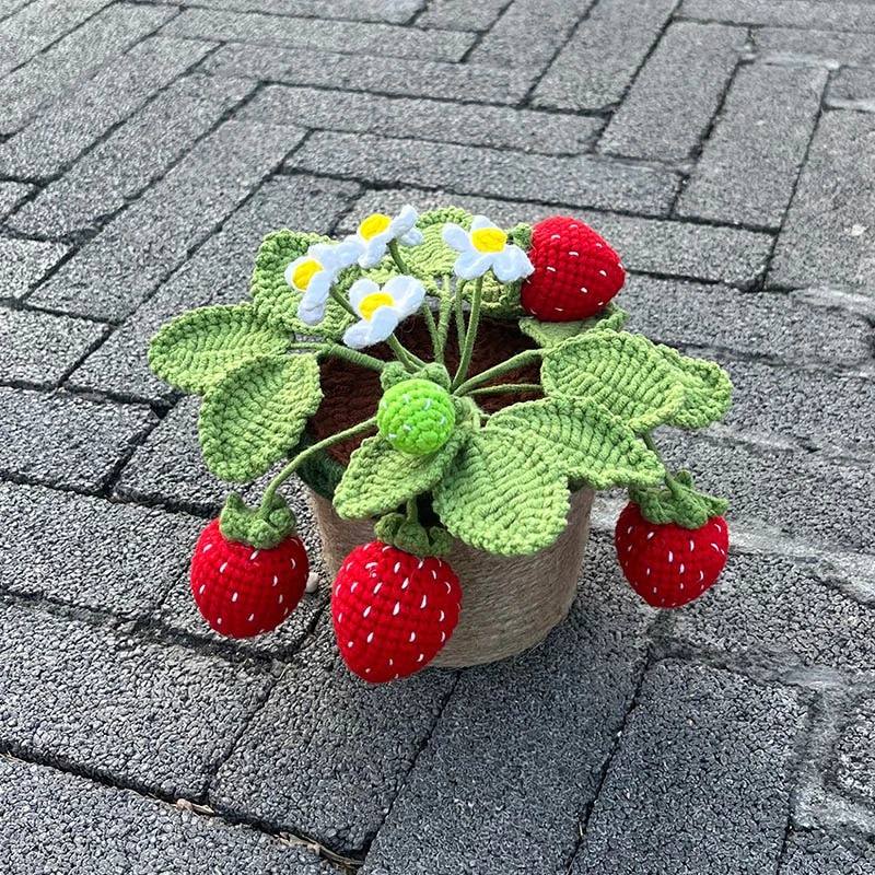Handmade Crochet Potted Strawberry Bush - Decorative Artificial Plant for Home, Office & Gift - Perfect for Indoor Decor, Shelf Display & DIY Crafts