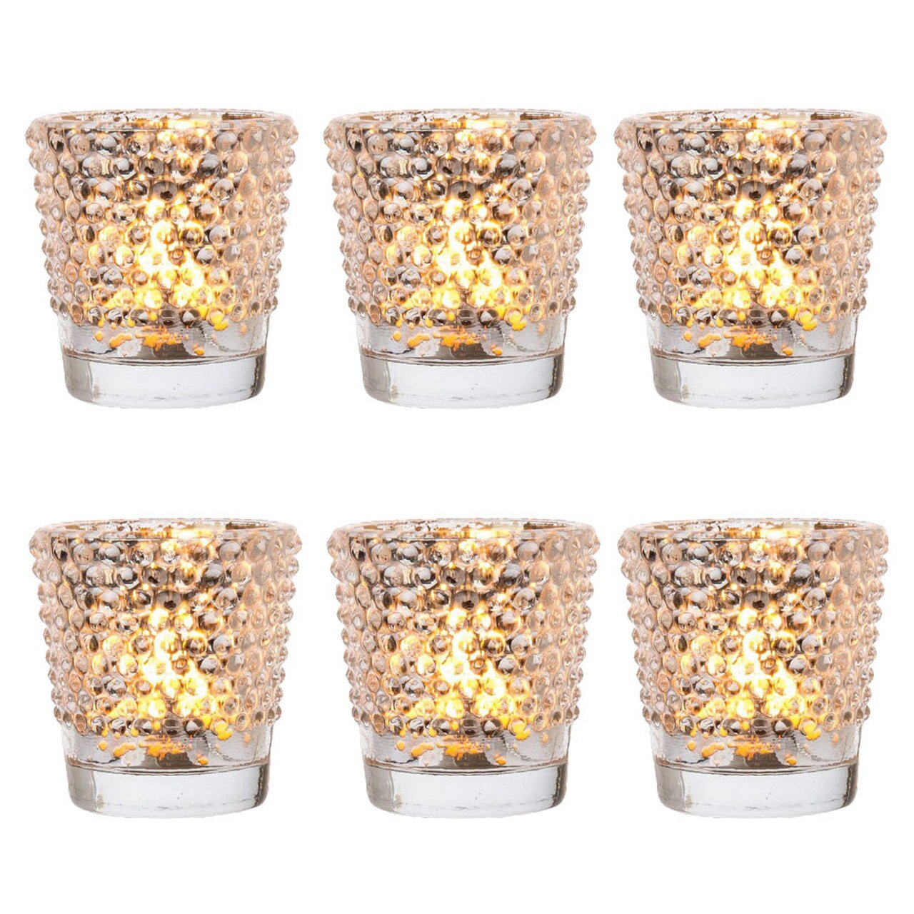 6 Pack Vintage Mercury Glass Candle Holders (2.5 Inch) - Elegant Candace Design with Hobnail Motif in Silver - Perfect for Tea Lights - Ideal for Home Decor, Wedding Centerpieces & Party Decorations - Creates Romantic Ambiance for Dining Tables, Mantels & Special Events
