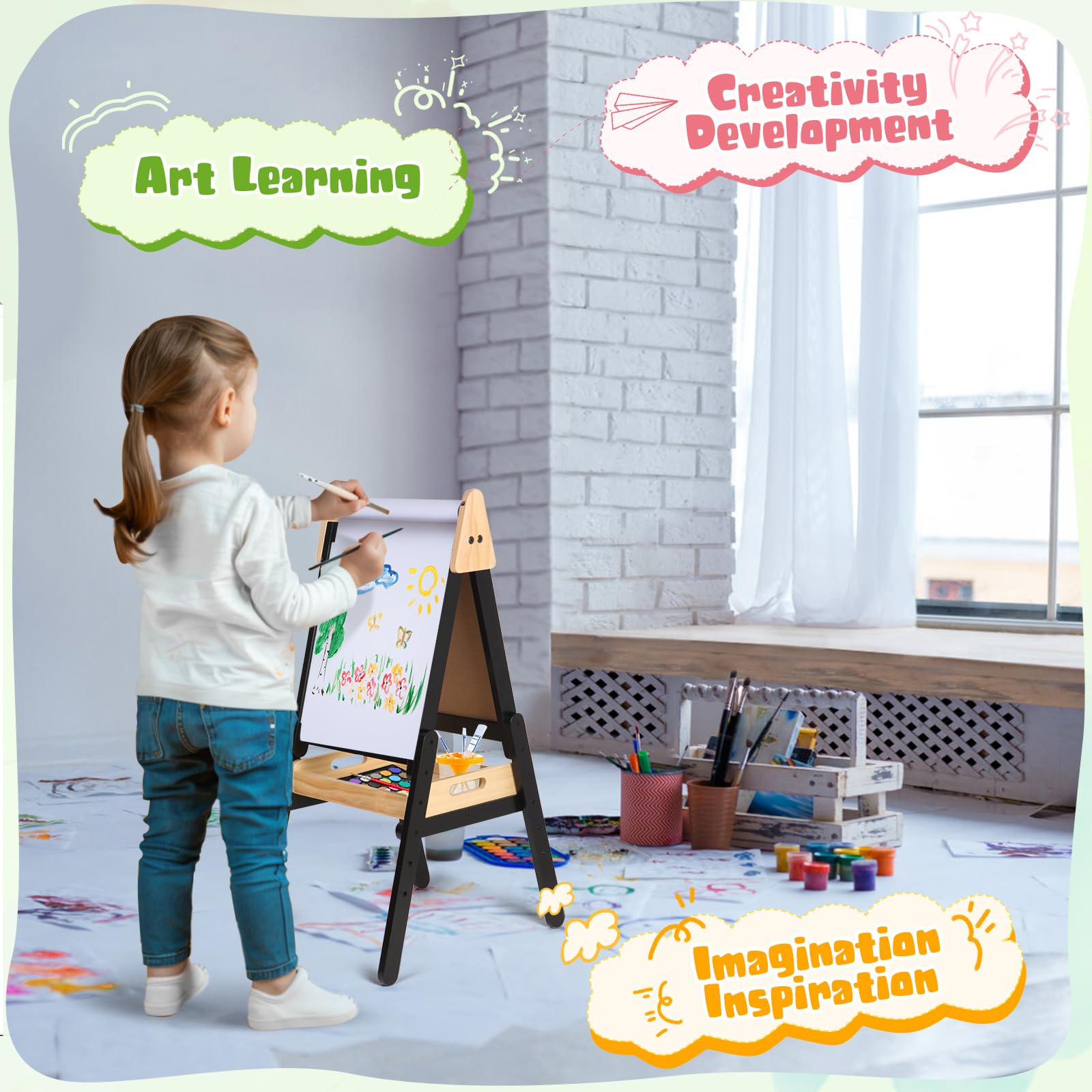 3 in 1 Adjustable Height Kids Easel with Wood Tray - Double Sided Magnetic Chalkboard & Whiteboard, Includes Paper Roll - Perfect for Toddlers Age 2+ (Black) | Ideal for Home, Classroom & Preschool Art Activities, Drawing & Learning