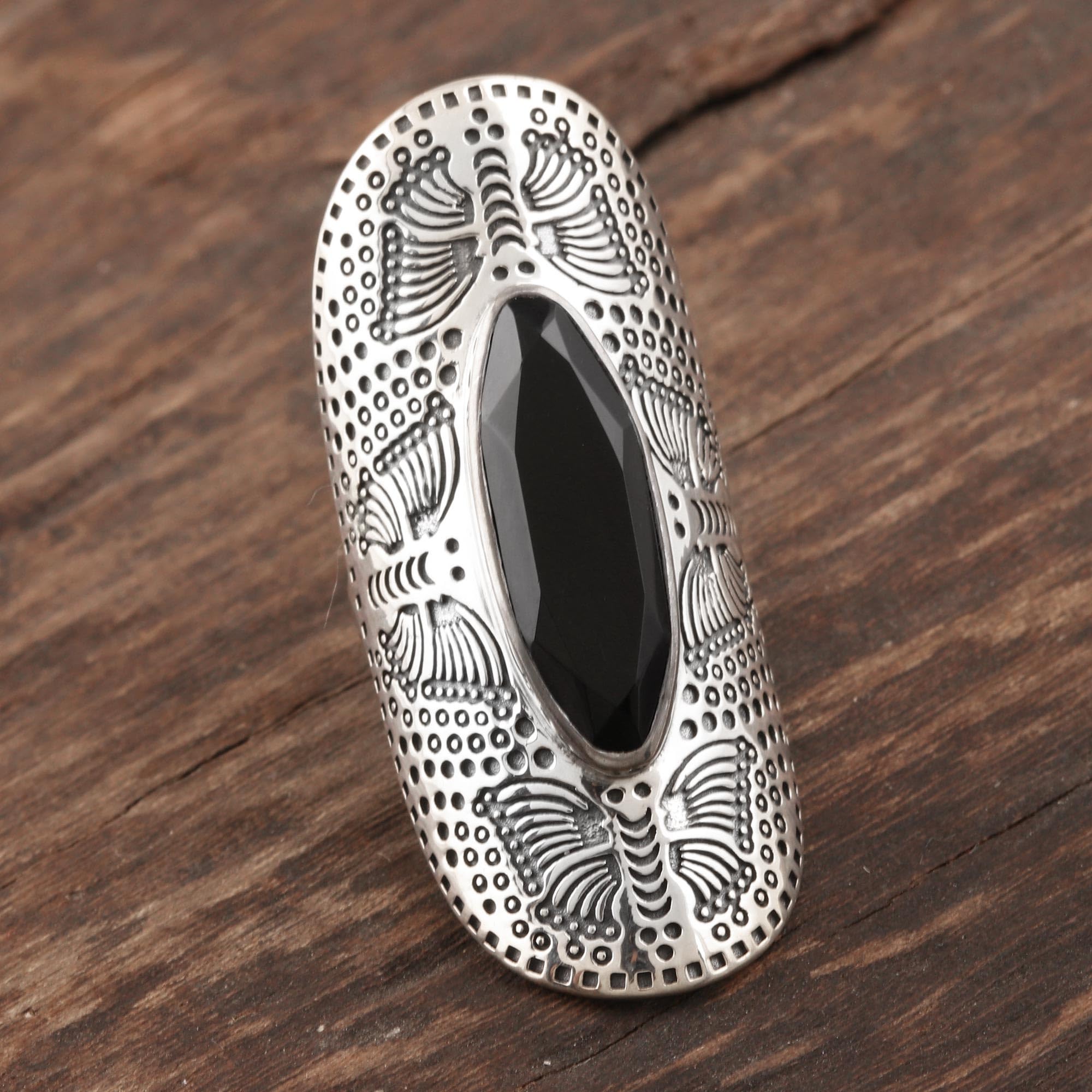 Handmade Black Onyx Cocktail Ring with Butterfly Motif - .925 Sterling Silver, Single Stone Gemstone Jewelry from India | Perfect for Birthdays, Gifts & Special Occasions