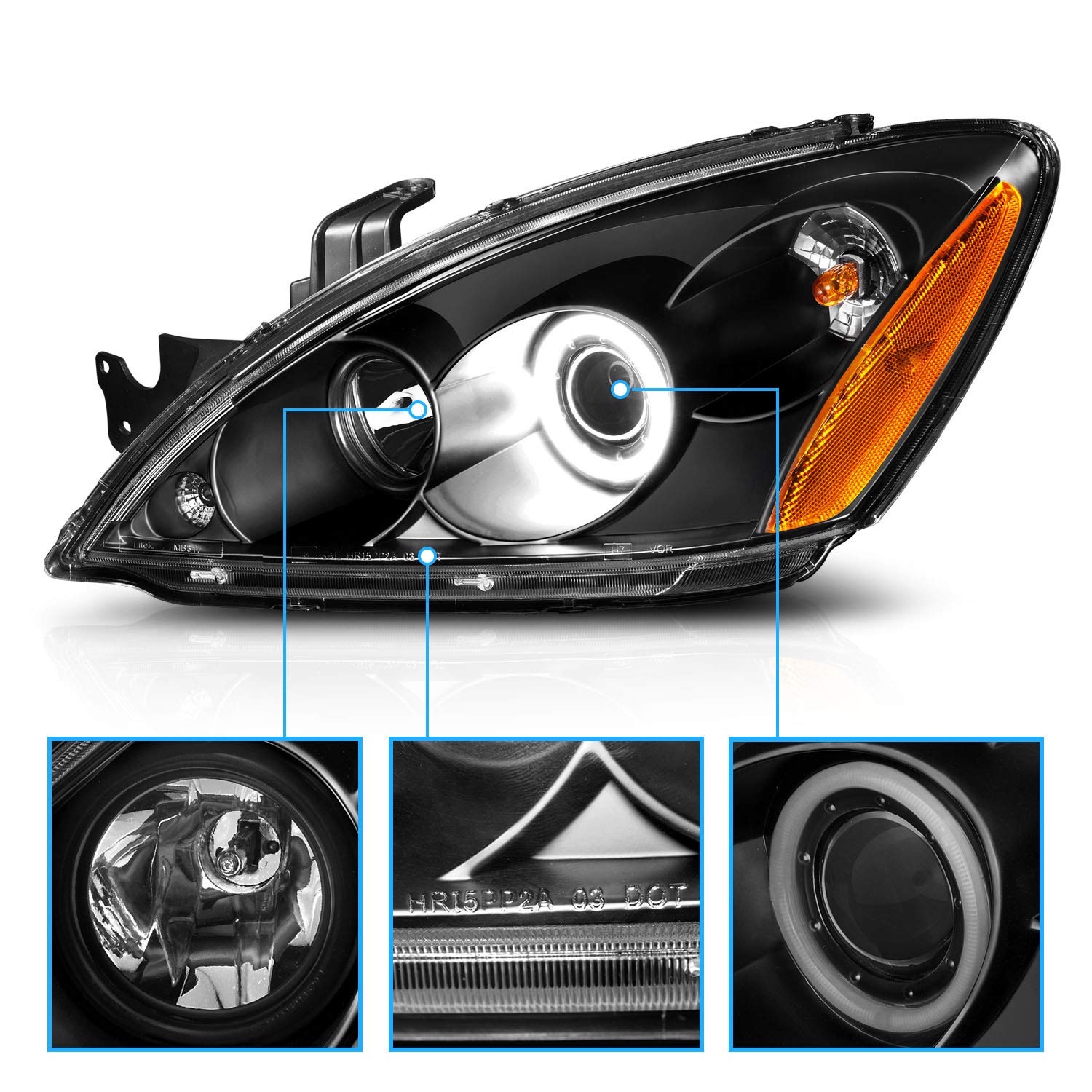 AmeriLite Black Xtreme LED Halo Projector Headlights Replacement Set - Compatible with Mitsubishi Lancer (Passenger & Driver Side) | High-Performance Lighting Upgrade for Night Driving & Enhanced Visibility