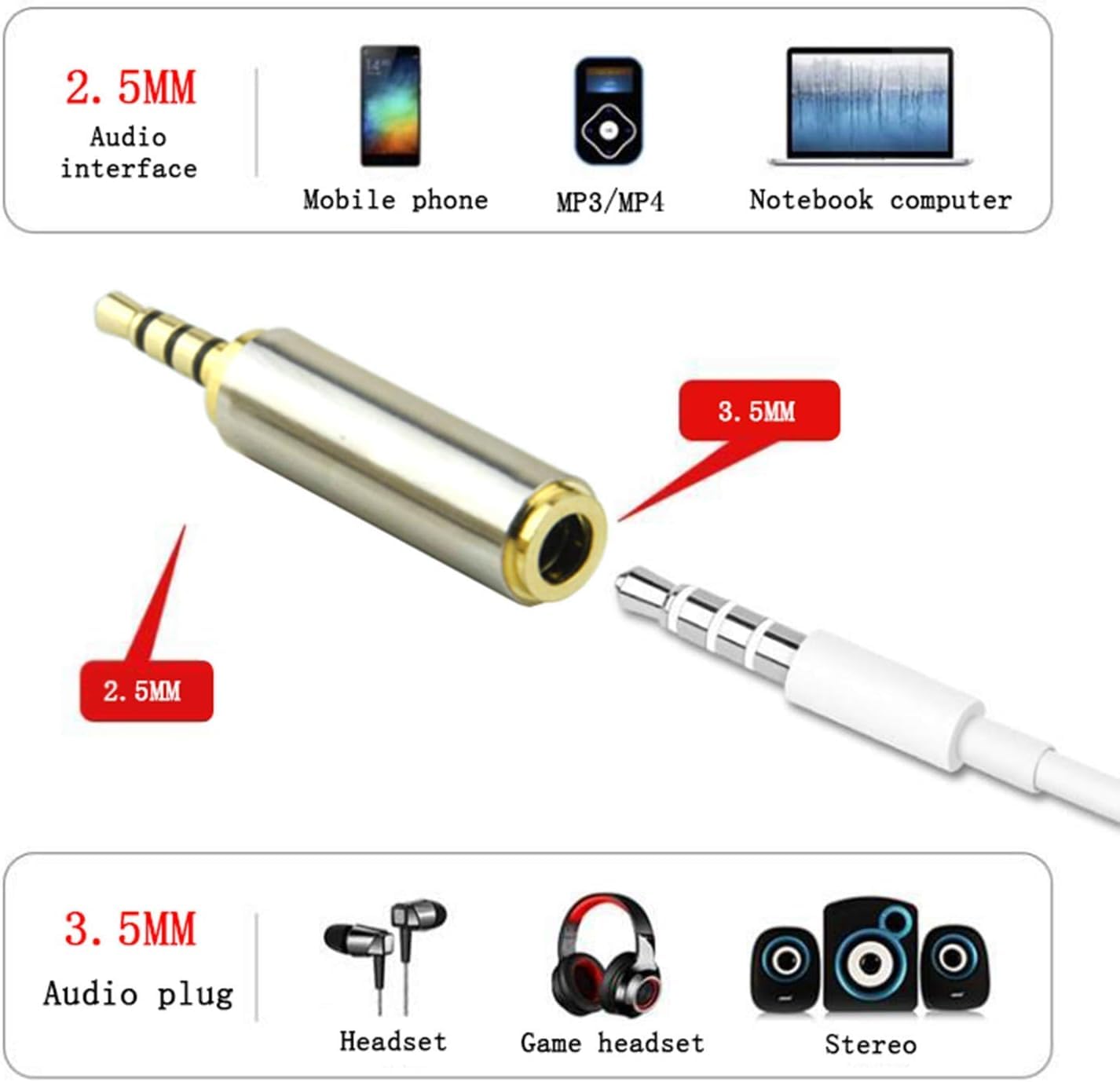 2.5mm Male to 3.5mm Female Gold Plated Audio Adapter - 2 Pack Stereo/Mono Aux Converter for Headphones, Earphones, Headsets - Perfect for Car Audio, Home Theater & Mobile Devices