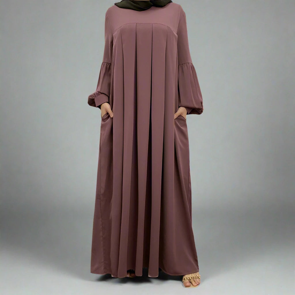 10 Color Options Puff Sleeve Abaya Dress With Pocket - Modest Muslim Dress for Women, Elegant Long Sleeve Maxi Dress for Prayer, Eid, Wedding & Special Occasions