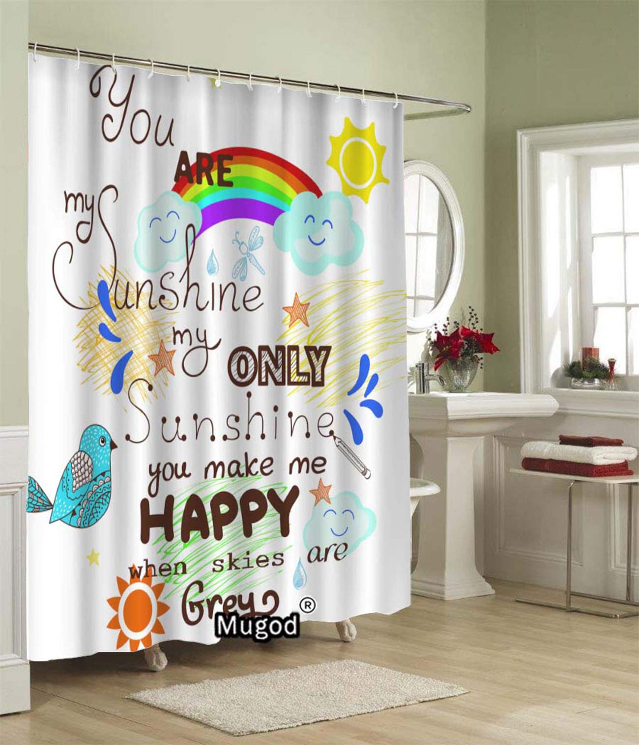 You Are My Sunshine Shower Curtain - Waterproof Fabric Bathroom Decor with Bird, Cloud, Rainbow & Sun Design (60x72 Inches) - Includes 12 Hooks | Perfect for Kids' Bathroom, Nursery, or Cheerful Home Decor