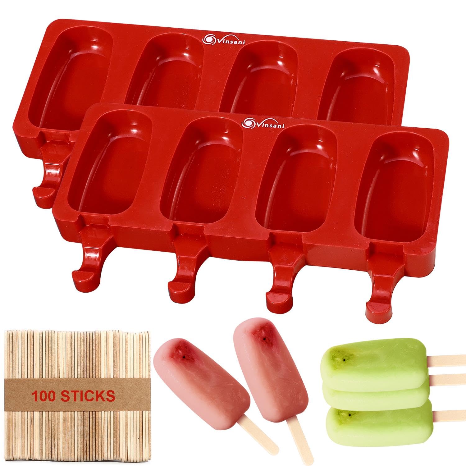 Vinsani 2-Pack Silicone Ice Lolly Molds with 100 Sticks - BPA Free, Food Grade Popsicle Makers for Homemade Frozen Treats - Perfect for Summer Snacks, Kids Parties & DIY Desserts (Red)