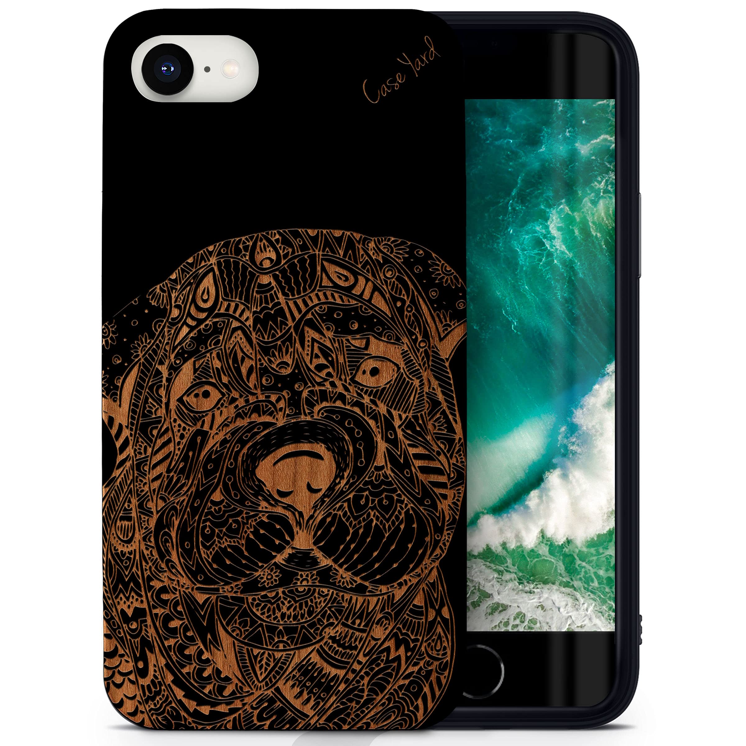 Wooden iPhone SE Case - Laser Engraved Sad Dog Design, Black Wood Protective Shockproof Slim Fit Cover for Men & Women | Durable & Stylish Phone Case for Everyday Use, Travel & Outdoor Activities