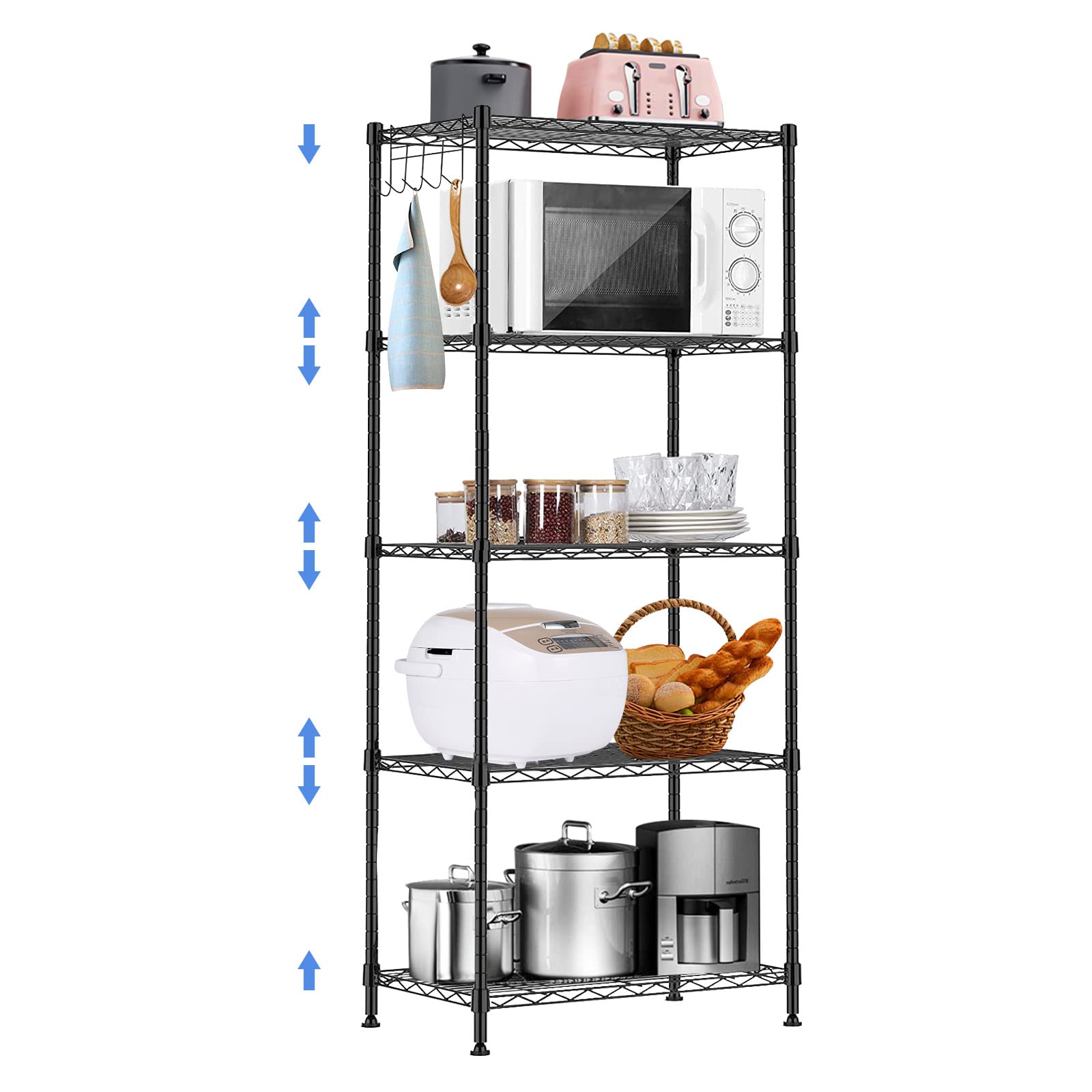 5-Tier Adjustable Wire Shelving Rack - Heavy Duty Metal Storage Shelves with Leveling Feet - 11.5