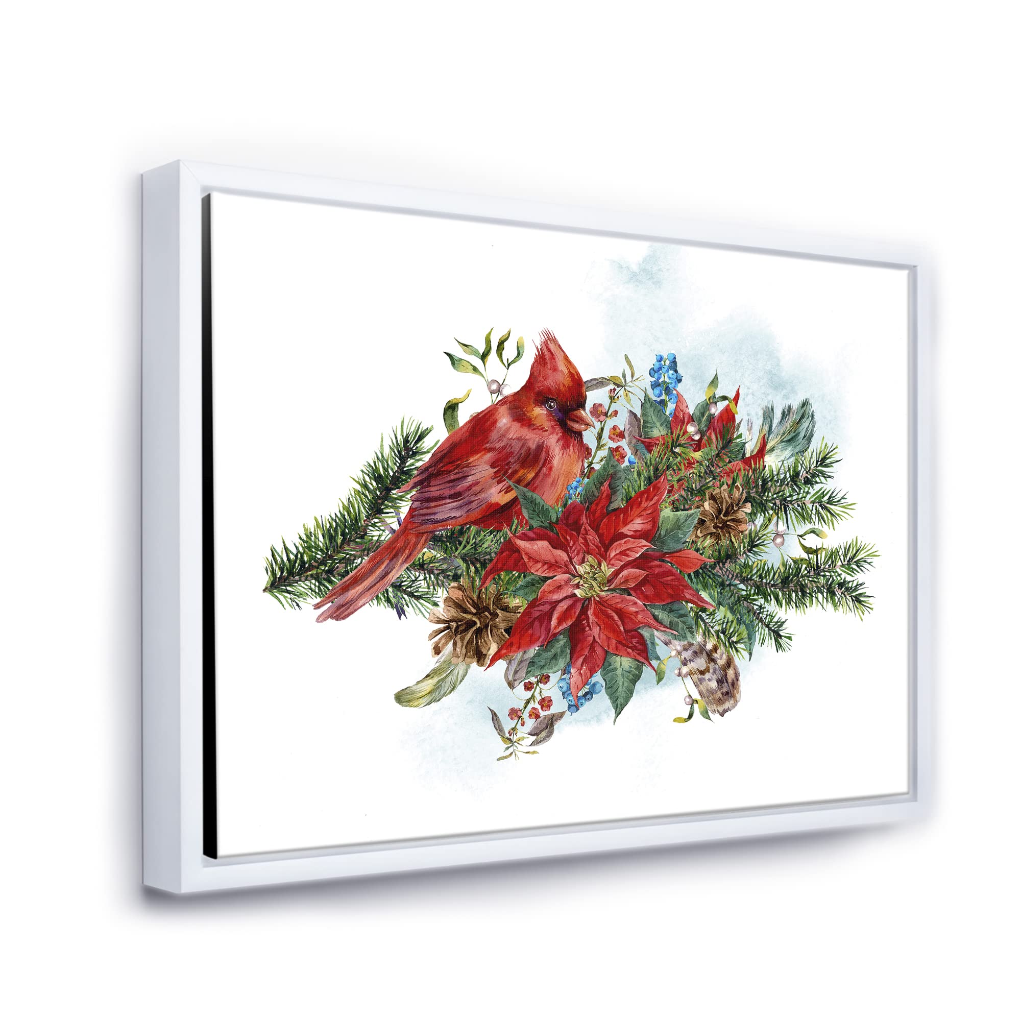 DesignQ Christmas Poinsettia and Red Cardinal Bird Framed Canvas Wall Art - Traditional Holiday Home Decor for Living Room, Bedroom & Office