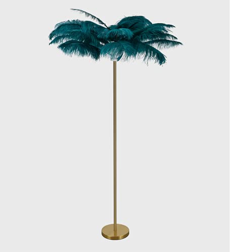 Modern Nordic Feather Floor Lamp with Brass Pipe - Palm Tree Standing Light for Living Room, Bedroom, Restaurant & Hotel Decor (110V-120V, Blue-Green) | Perfect for Cozy Ambiance, Reading Nook & Tropical-Themed Spaces
