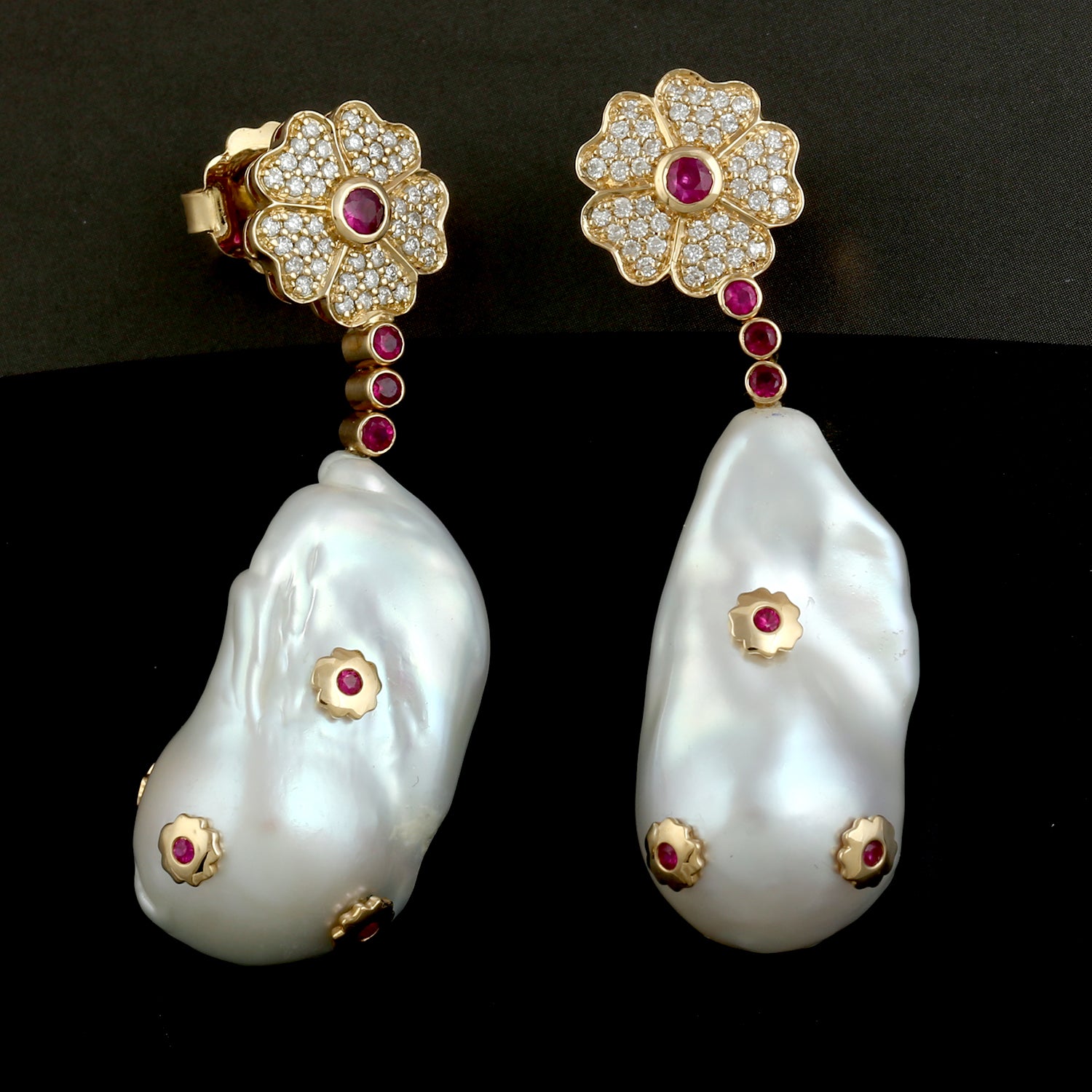 18K Yellow Gold Ruby Gemstone Diamond Pearl Flower Dangle Earrings - Handmade Luxury Jewelry for Women - Perfect for Weddings, Parties & Special Occasions