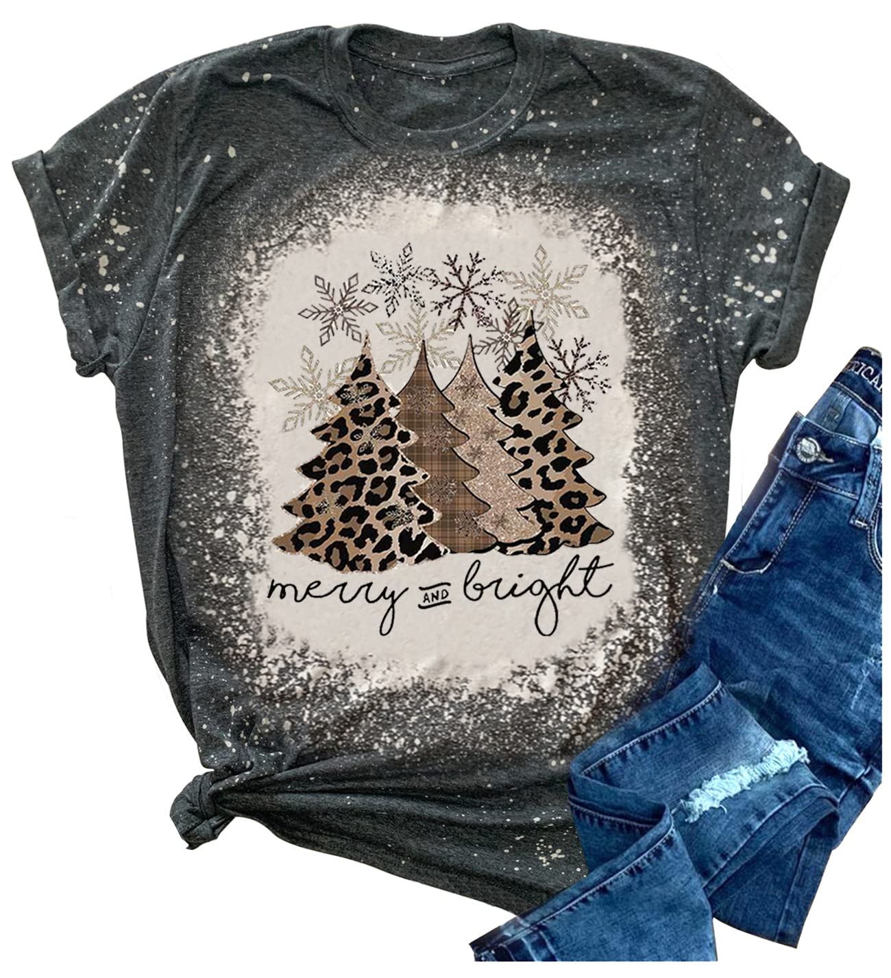 Funny Leopard Christmas Tree Snowflake Graphic T-Shirt - Merry & Bright Holiday Vacation Tee for Women & Men - Perfect for Christmas Parties, Gifts & Festive Outfits