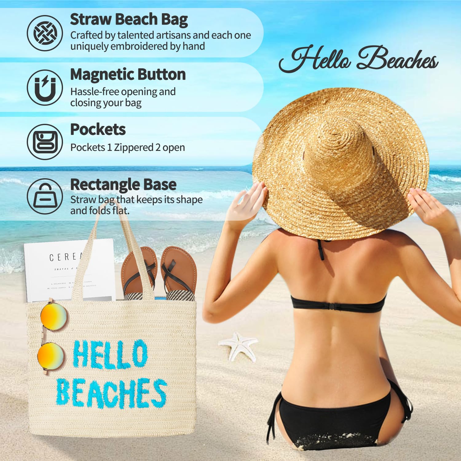 2025 Trendy Packable Straw Beach Tote Bag for Women - Large Lightweight Vacation Beach Bag | Perfect for Poolside, Travel & Summer Outings