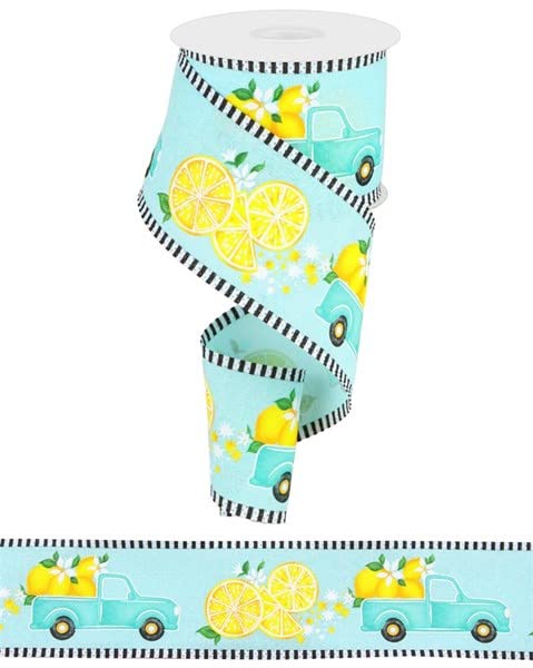 Craig Bachman 2.5 Inch Wired Edge Ribbon - Ice Blue with Lemons Stripe - 10 Yards Bulk Roll for Gift Wrapping, Party Decorations, Crafts and DIY Projects