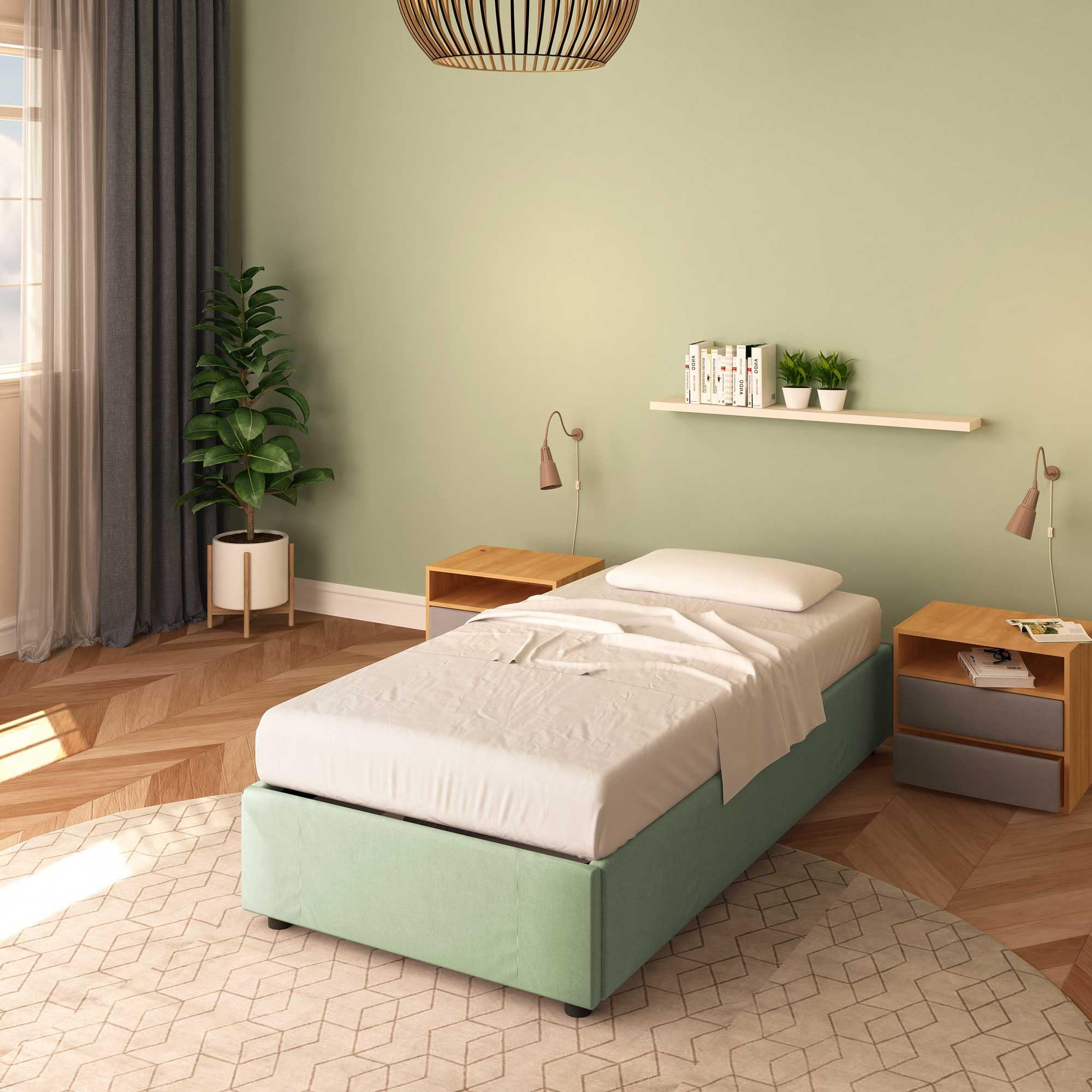 Baldiflex Cloe Square and Half Bed with Fabric Storage Container, No Headboard, Slatted Base for Mattresses, 100 x 200 cm, Mint Green - Perfect for Small Bedrooms, Guest Rooms & Studio Apartments