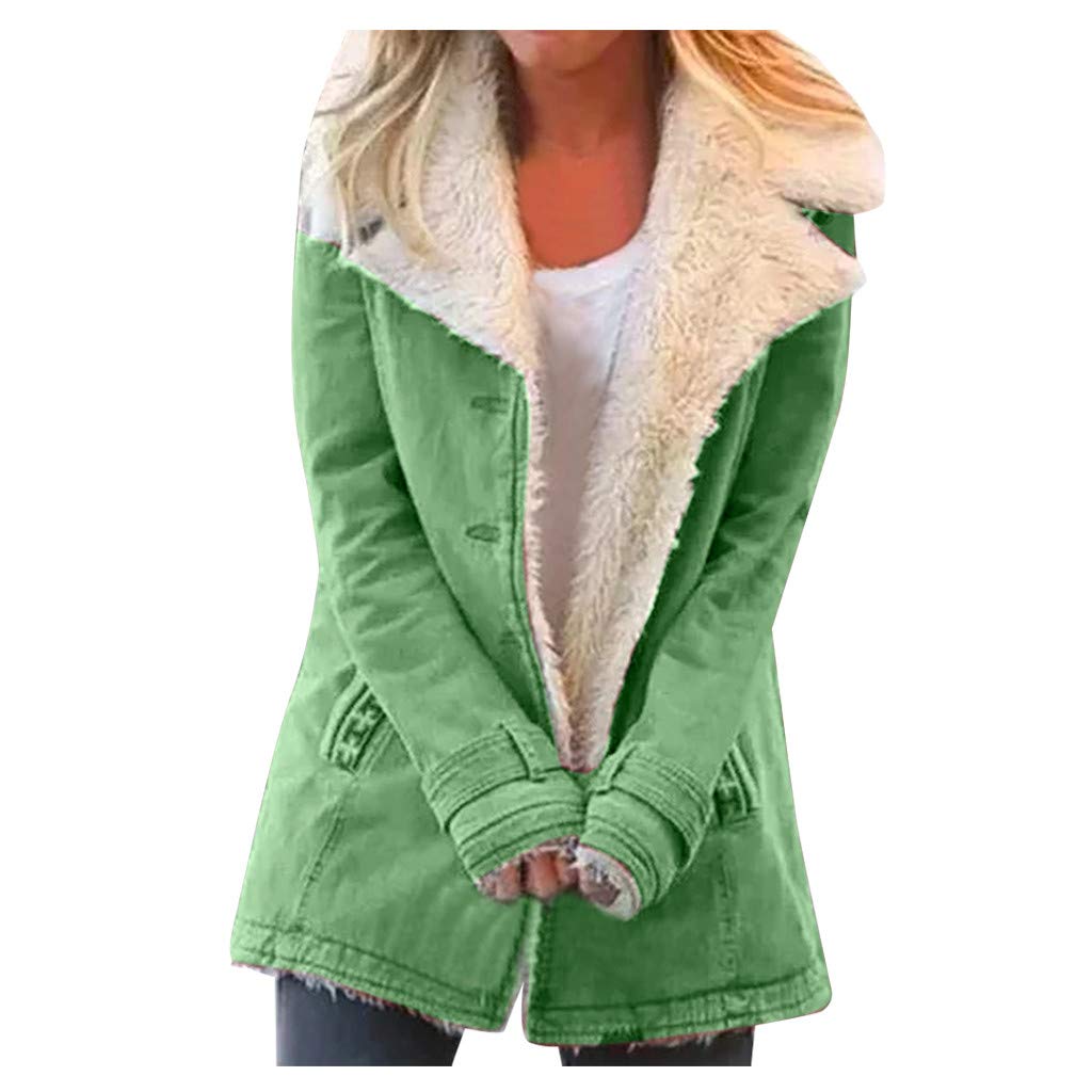 Women's Plus Size Warm Winter Coat with Lapels & Plush Buttons - Long Green Jacket for Cold Weather | Perfect for Outdoor Activities, Work Commute & Holiday Season