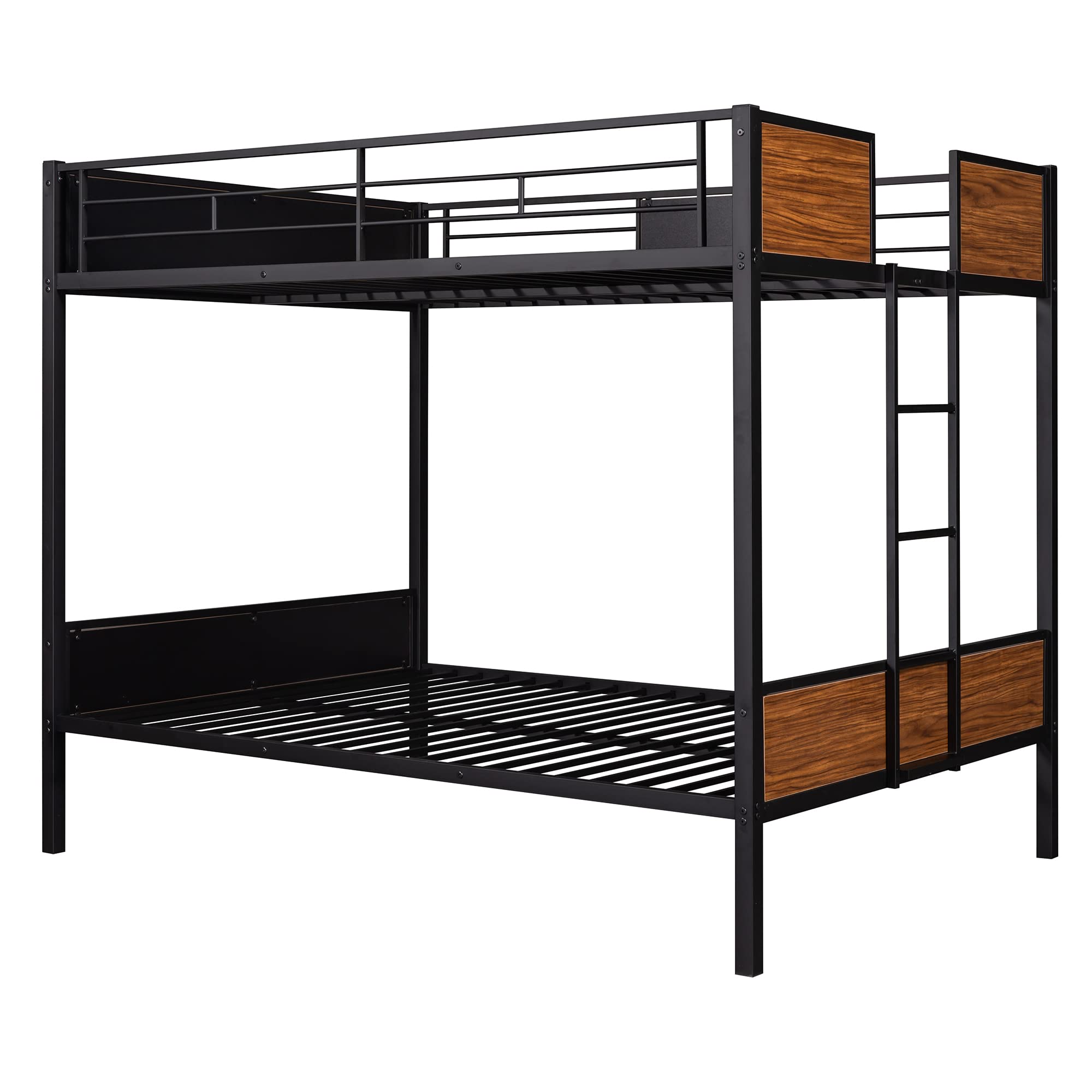 Full Over Full Metal Bunk Bed - Heavy Duty Steel Frame with Safety Rail & Built-in Ladder - Modern Black & Brown Bunk Bed for Kids, Teens, Dorm Rooms & Space-Saving Bedroom Solutions