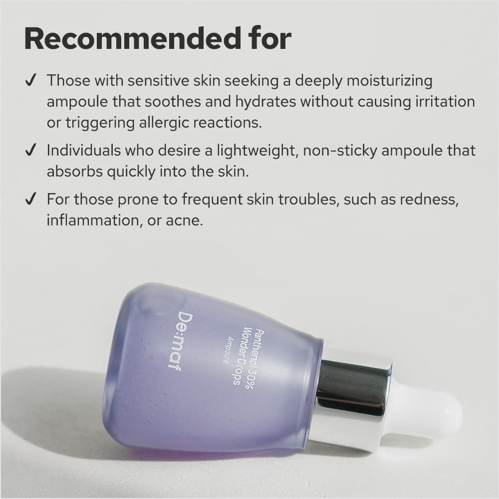 De:maf Panthenol 30% Wonder Drops Ampoule 55ml - Intense Hydrating & Soothing Serum for Dry, Sensitive Skin - Perfect for Daily Skincare Routine & Post-Treatment Recovery