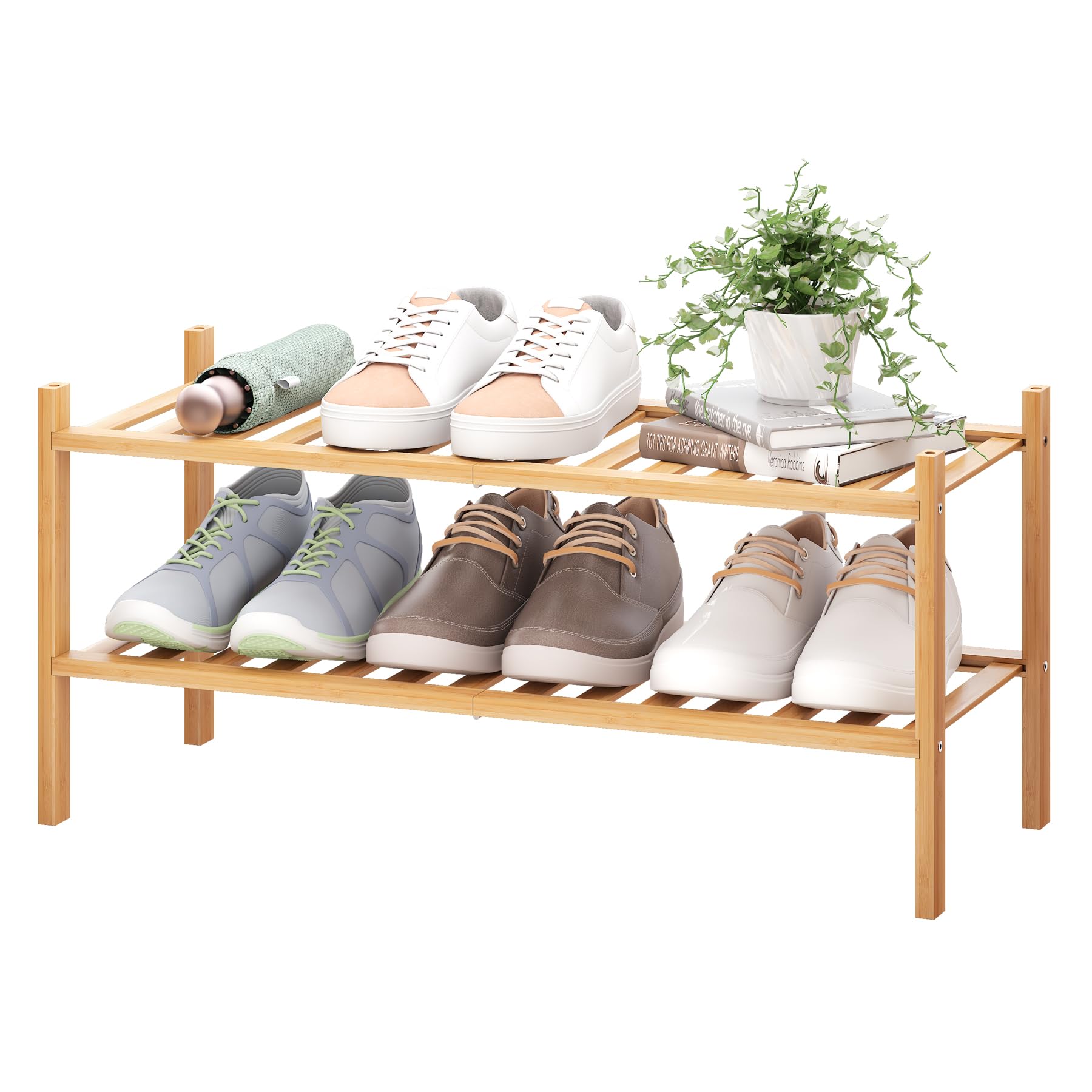 BMOSU 2-Tier Stackable Bamboo Shoe Rack - Premium Shoe Storage Organizer for Hallway, Closet & Entryway - Space Saving Shoe Shelf for Living Room, Bedroom & Dorm - Natural Bamboo (Perfect for Small Spaces & Apartment Organization)