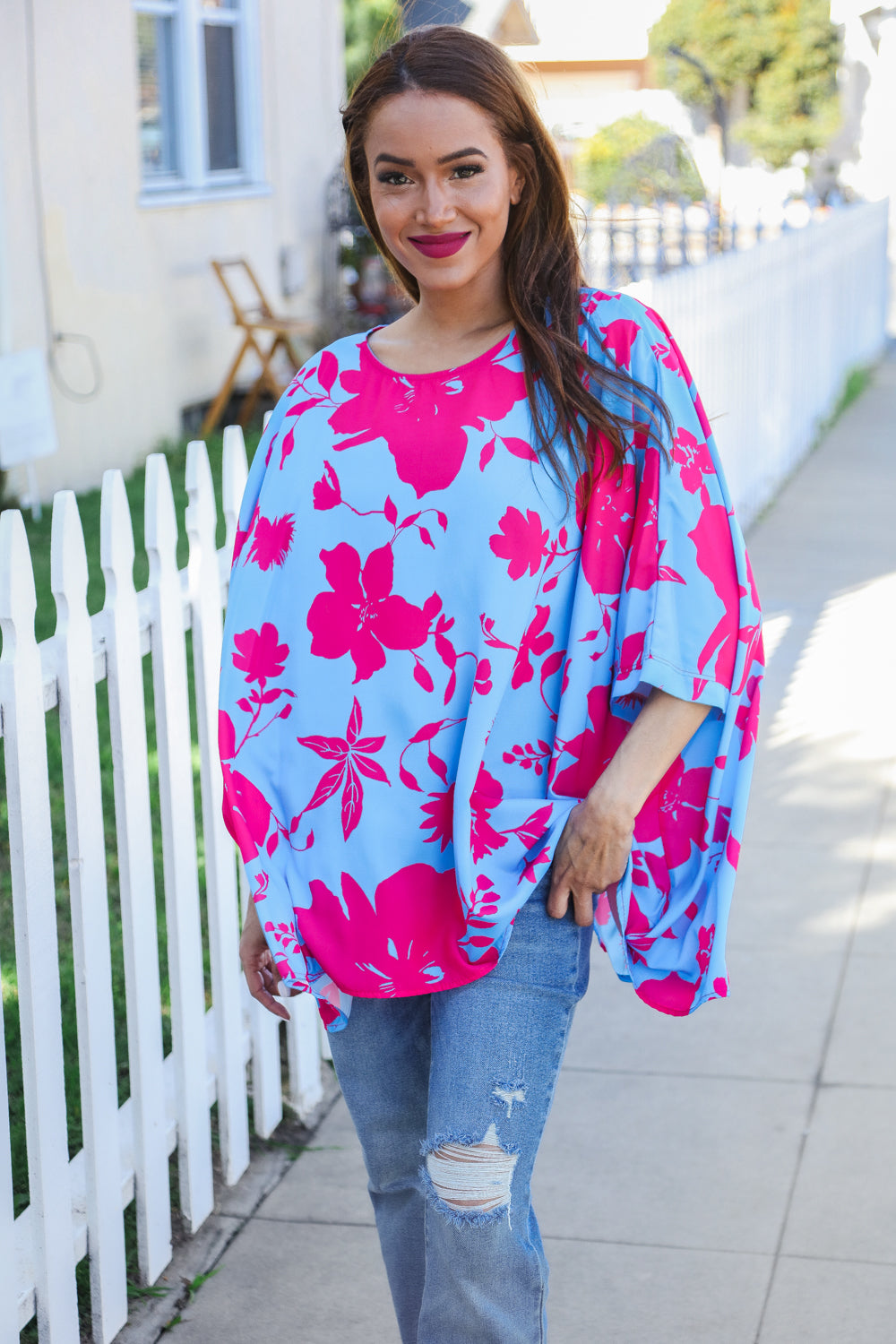 Stylish Fuchsia Floral Asymmetrical Cover-Up Blouse for Women - Perfect for Beach, Pool, and Summer Vacation Outfits
