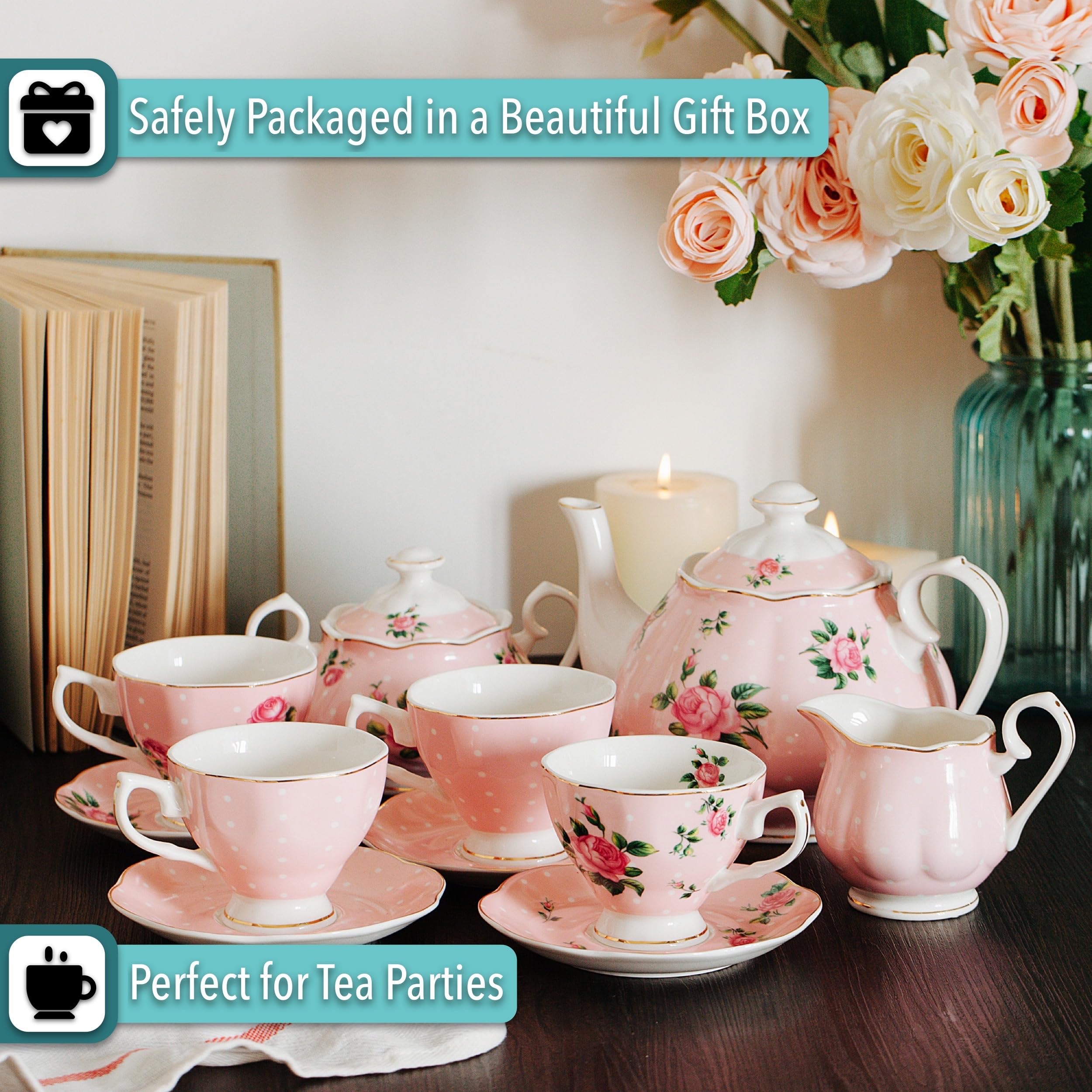 BTaT Floral Tea Set - 8oz Tea Cups, 38oz Teapot, Creamer & Sugar Bowl with Gift Box | Elegant Porcelain Tea Service for Women & Adults | Perfect for Afternoon Tea, Bridal Showers & Housewarming Gifts